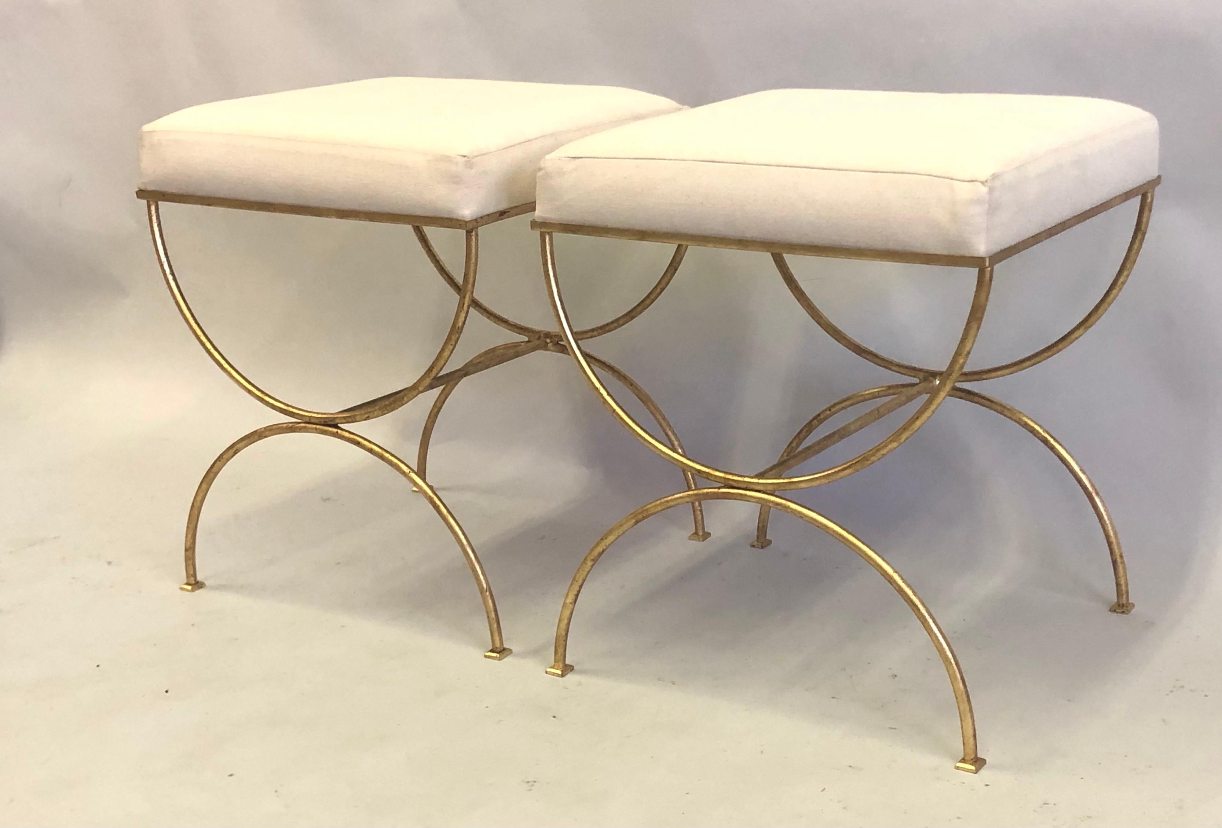20th Century Pair French Modern Neoclassical Gilt Iron Benches, Style of Jean-Michel Frank For Sale