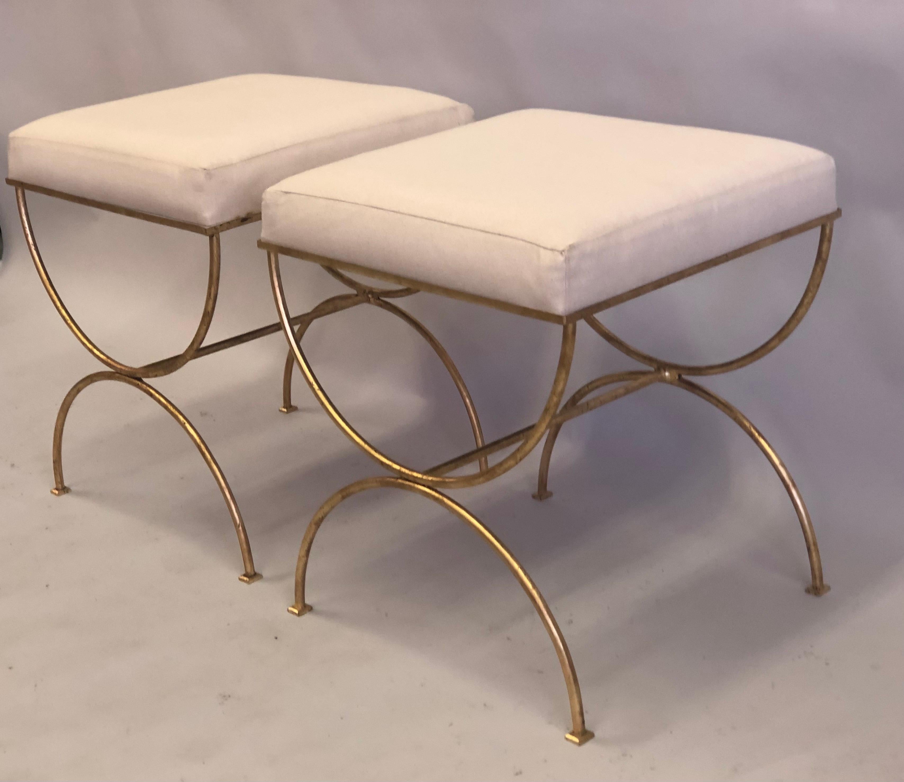 Wrought Iron Pair French Modern Neoclassical Gilt Iron Benches, Style of Jean-Michel Frank For Sale
