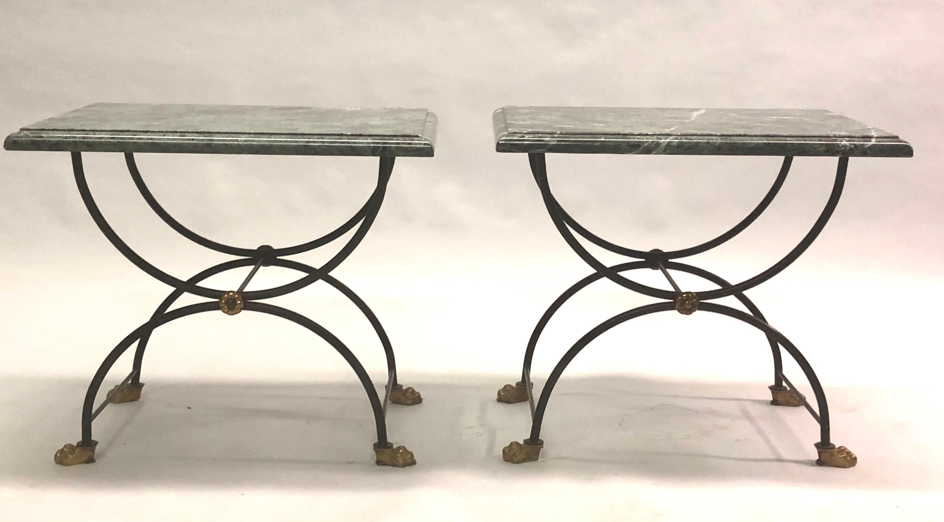 Mid-Century Modern Pair of Modern Neoclassical Iron and Gilt Bronze End / Side Tables, J C Moreux For Sale