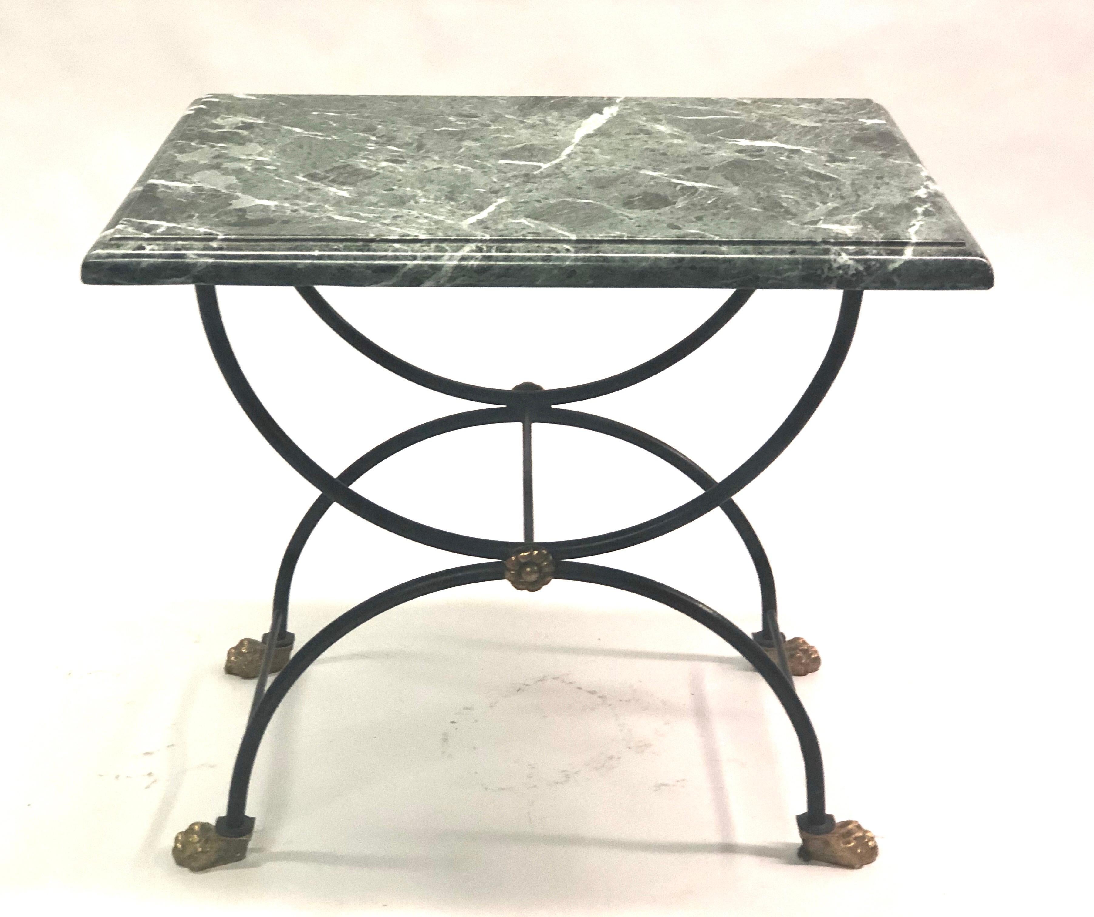 French Pair of Modern Neoclassical Iron and Gilt Bronze End / Side Tables, J C Moreux For Sale