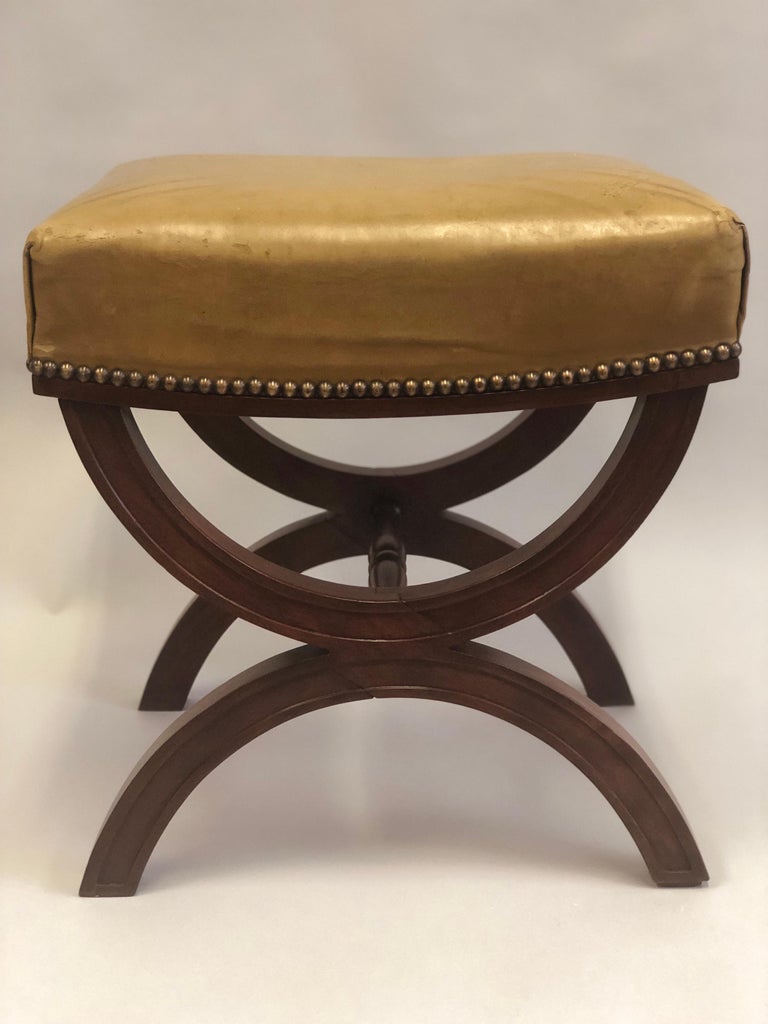 French Modern Neoclassical Mahogany And Leather Benches Stools