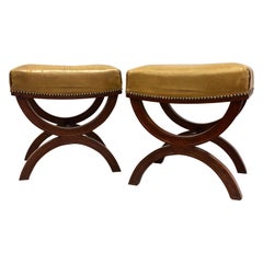 French Modern Neoclassical Mahogany & Leather Benches/ Stools, Andre Arbus, Pair