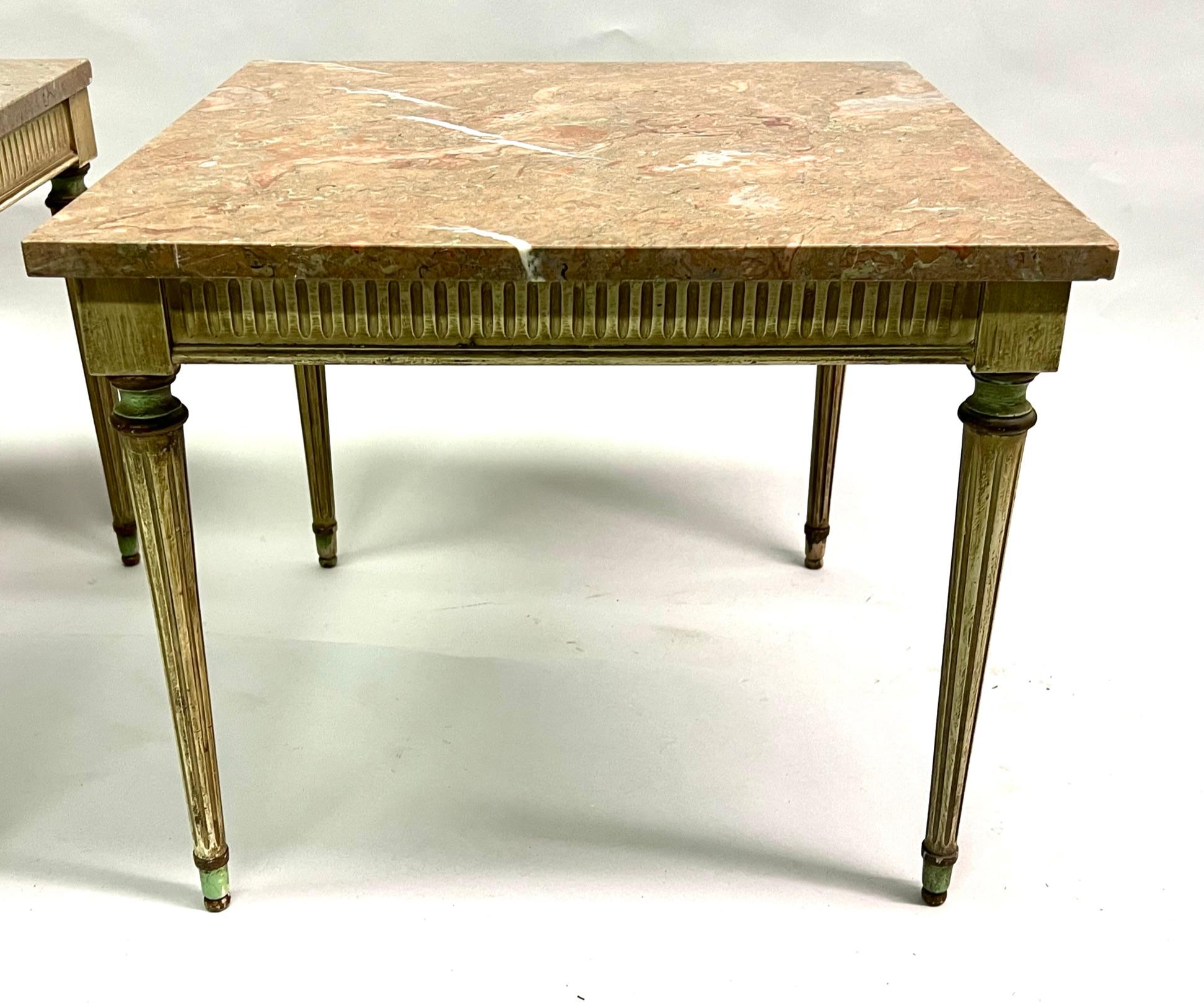 Pair French Modern Neoclassical Painted Wood & Marble Side Tables, Maison Jansen In Good Condition For Sale In New York, NY