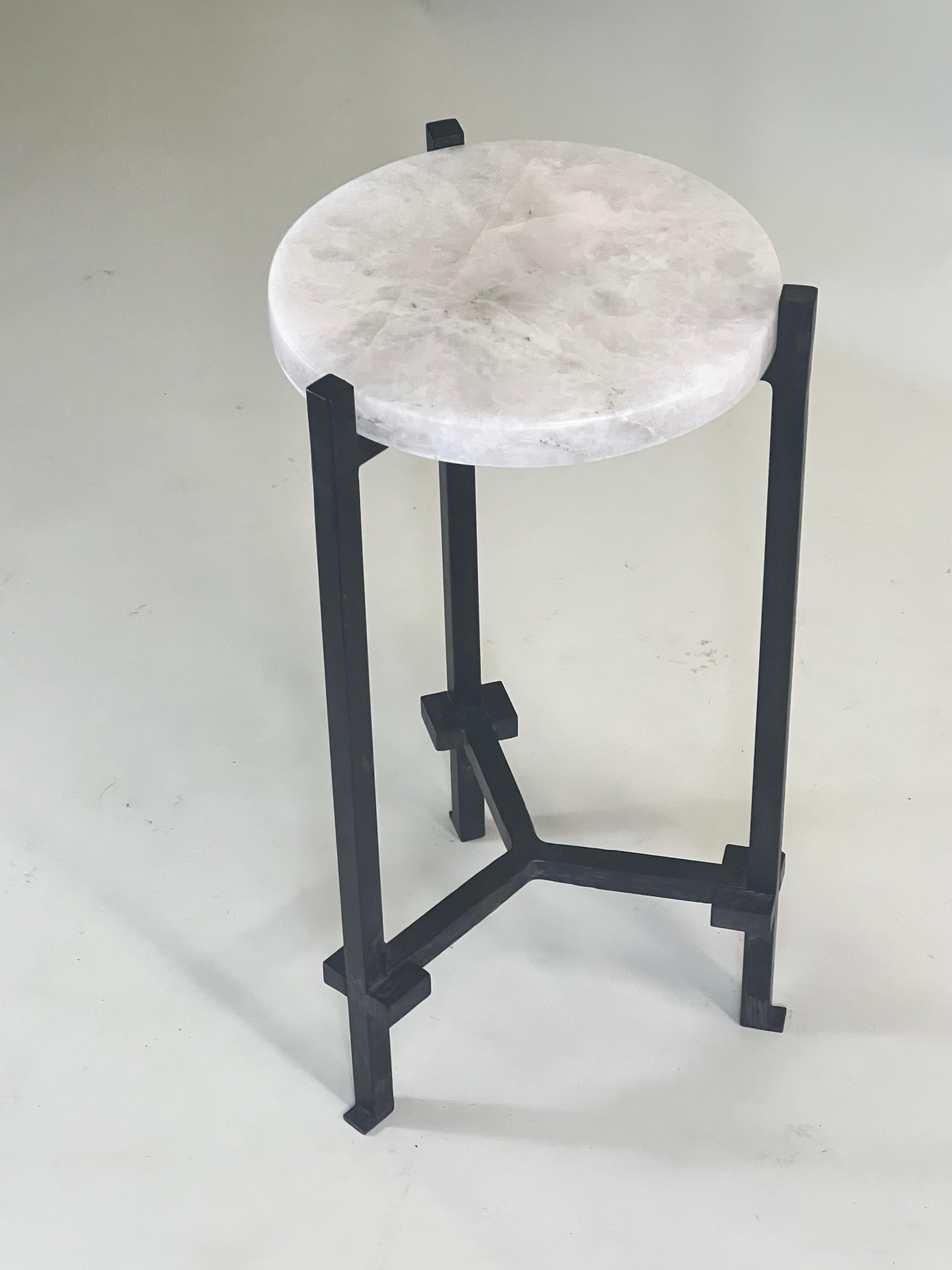 Hammered Pair French Modern Neoclassical Rock Crystal & Iron Side Tables Marc du Plantier For Sale