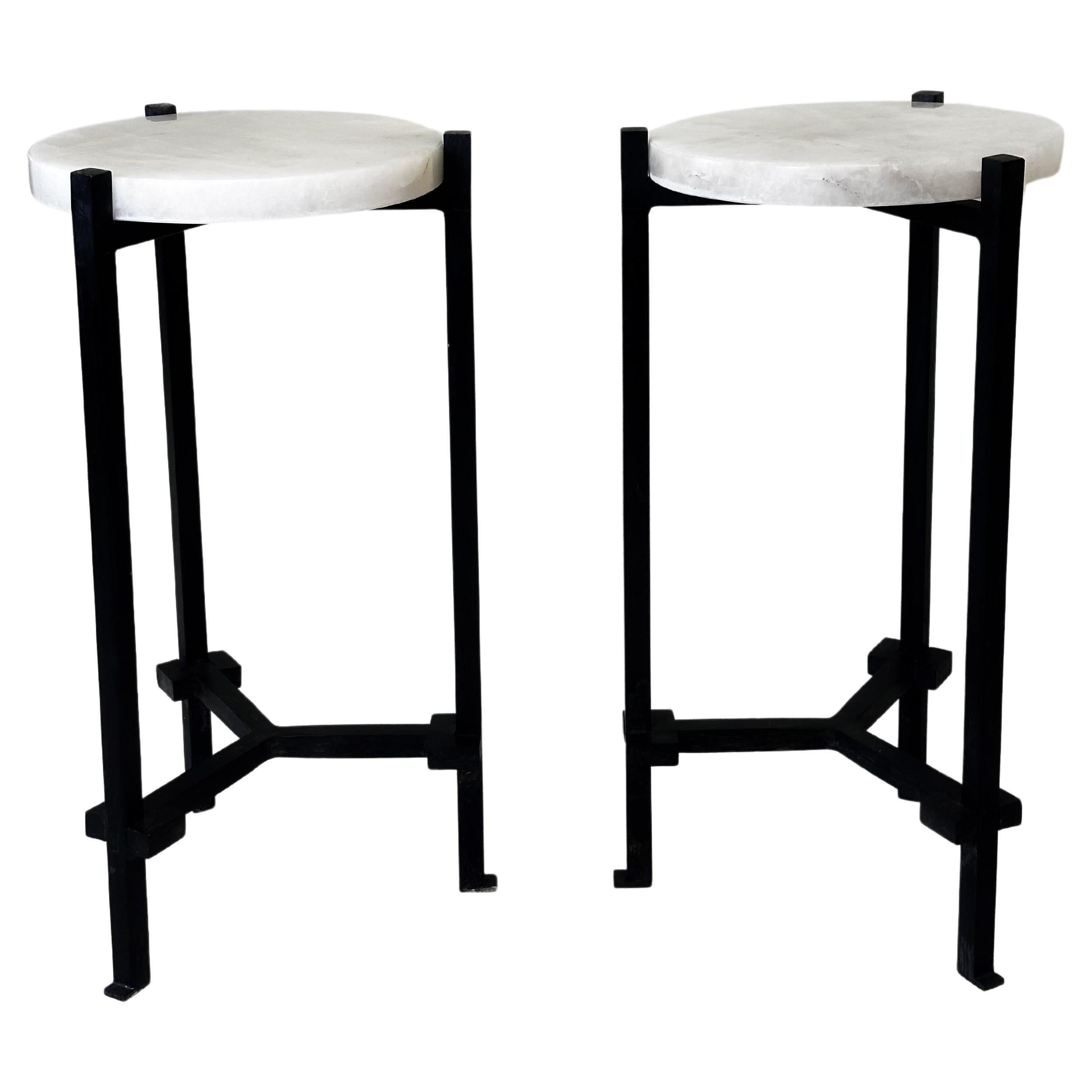 Pair French Modern Neoclassical Rock Crystal & Iron Side Tables Marc du Plantier