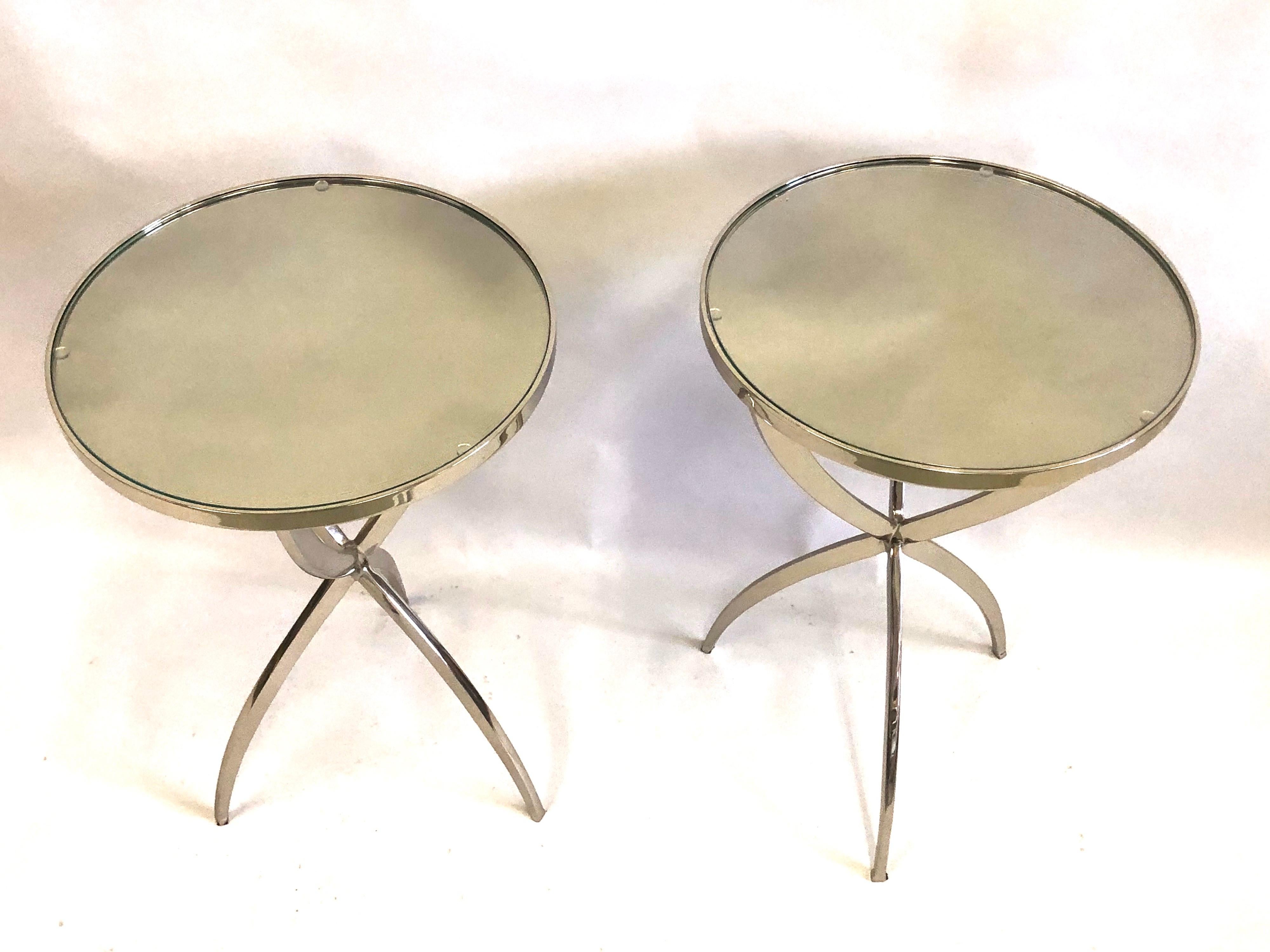 Mid-Century Modern French Modern Neoclassical Round Nickel Side / End Tables, Jacques Quinet, Pair