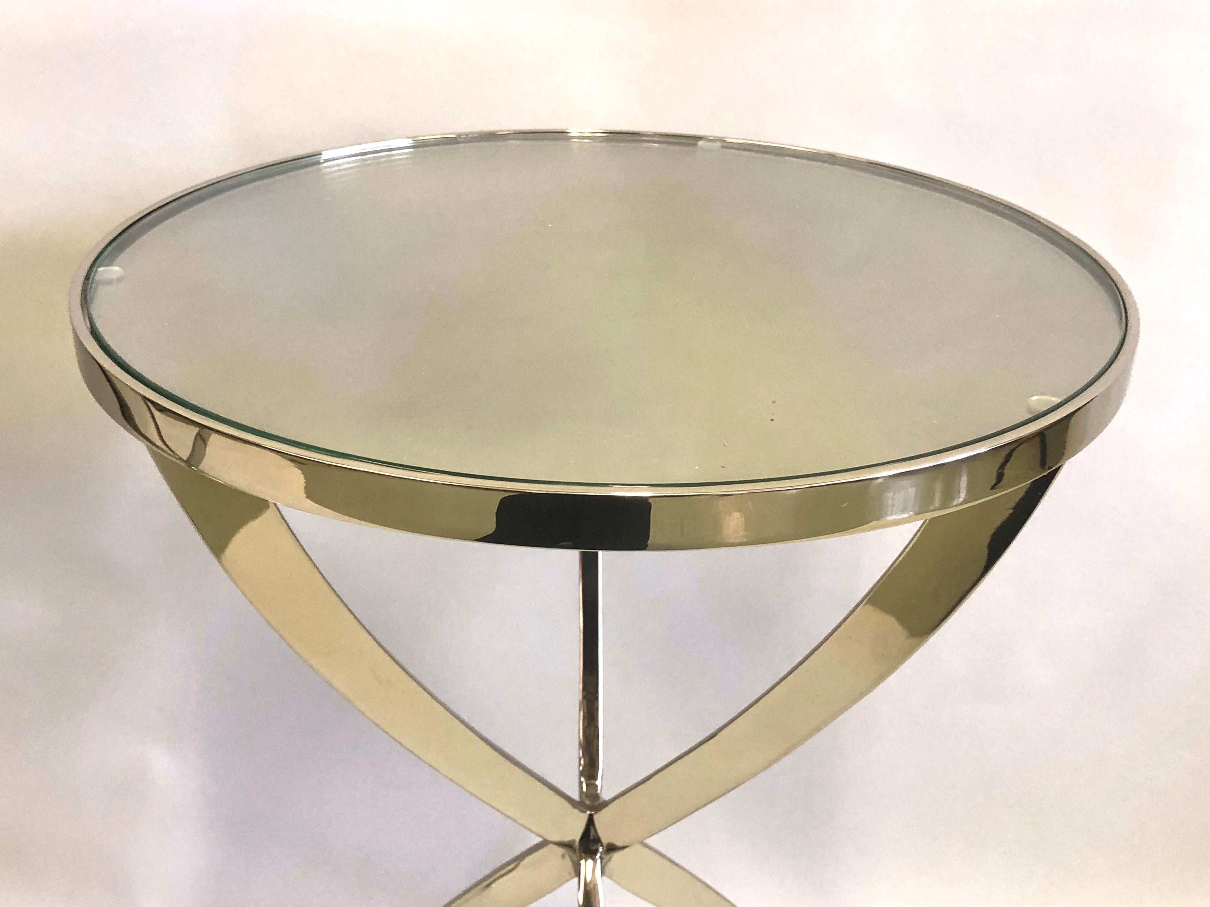 French Modern Neoclassical Round Nickel Side / End Tables, Jacques Quinet, Pair In Distressed Condition In New York, NY