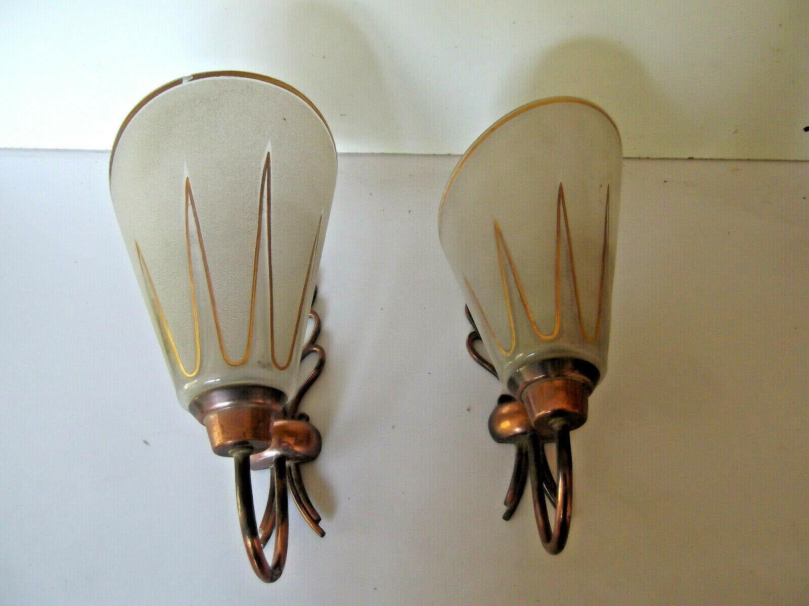 Pair French Modernist 1950s Copper with Art Glass Wall Sconces by Carl Fagerlund For Sale 6