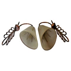 Pair French Modernist 1950s Copper with Art Glass Wall Sconces by Carl Fagerlund