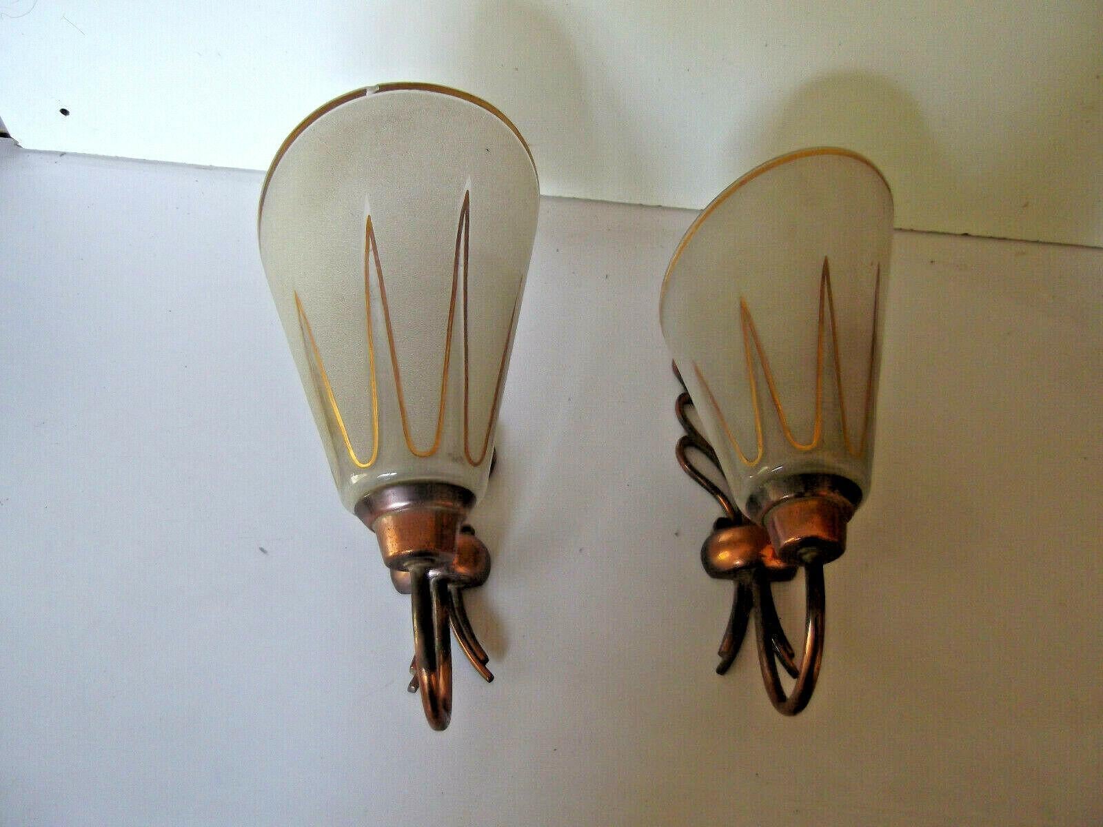 Pair French Modernist 1950s Copper with Art Glass Wall Sconces by Carl Fagerlund For Sale 2