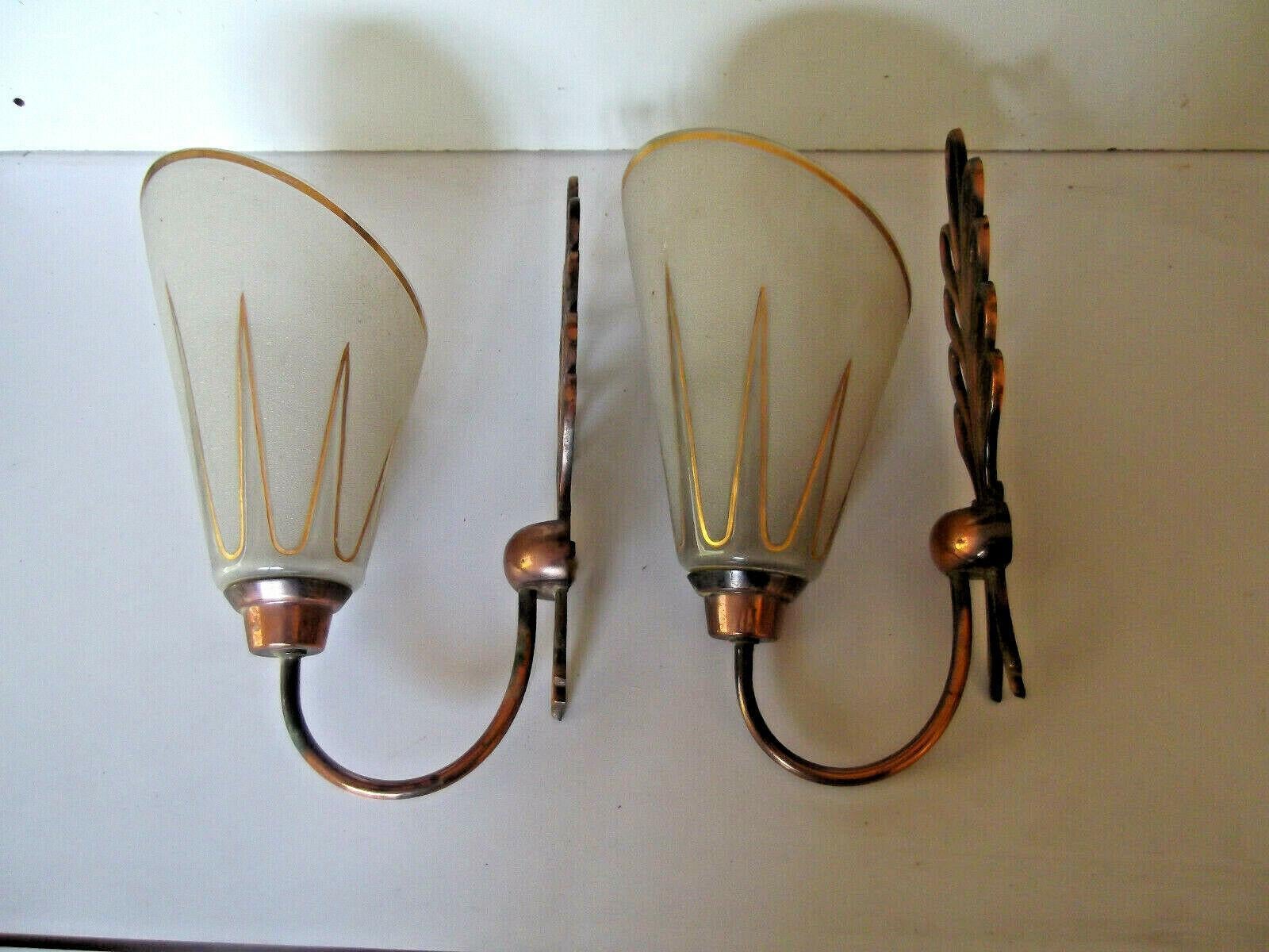 Pair French Modernist 1950s Copper with Art Glass Wall Sconces by Carl Fagerlund For Sale 4