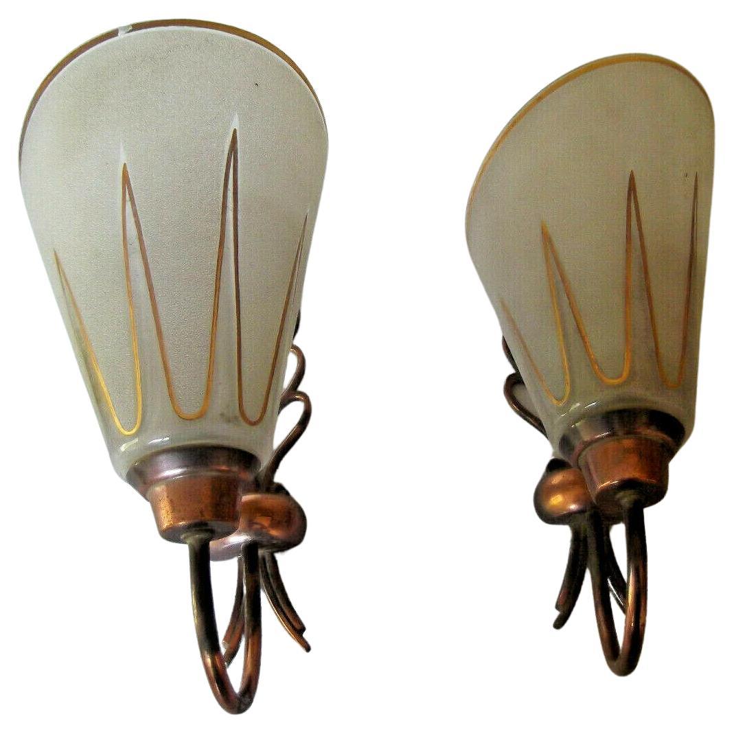 Pair French Modernist 1950s Copper with Art Glass Wall Sconces by Carl Fagerlund For Sale