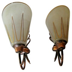 Vintage Pair French Modernist 1950s Copper with Art Glass Wall Sconces by Carl Fagerlund