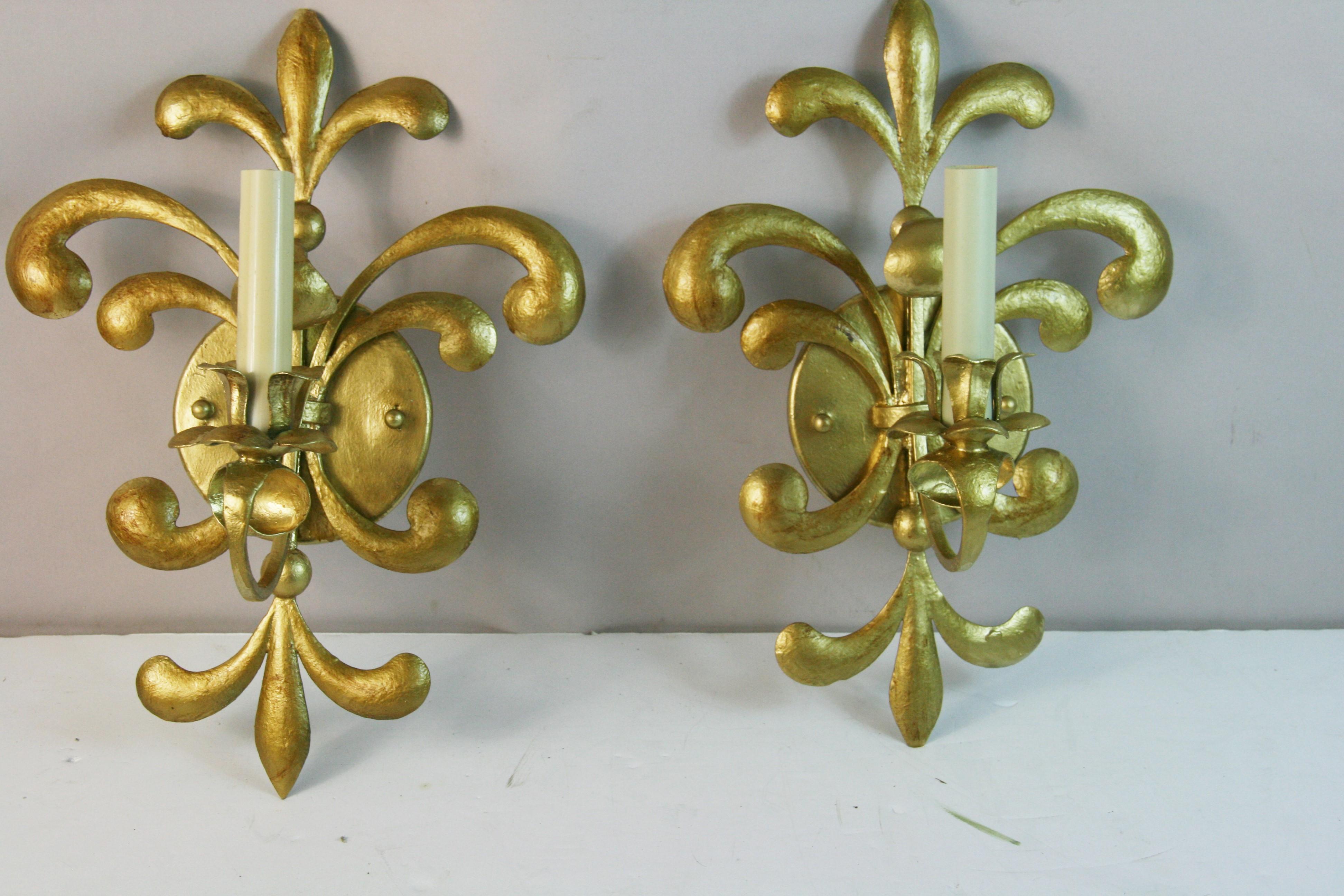 Hand-Crafted Pair French Modified Fleur deLis  Leaf  Gold Painted Single Light Sconces 1950's For Sale
