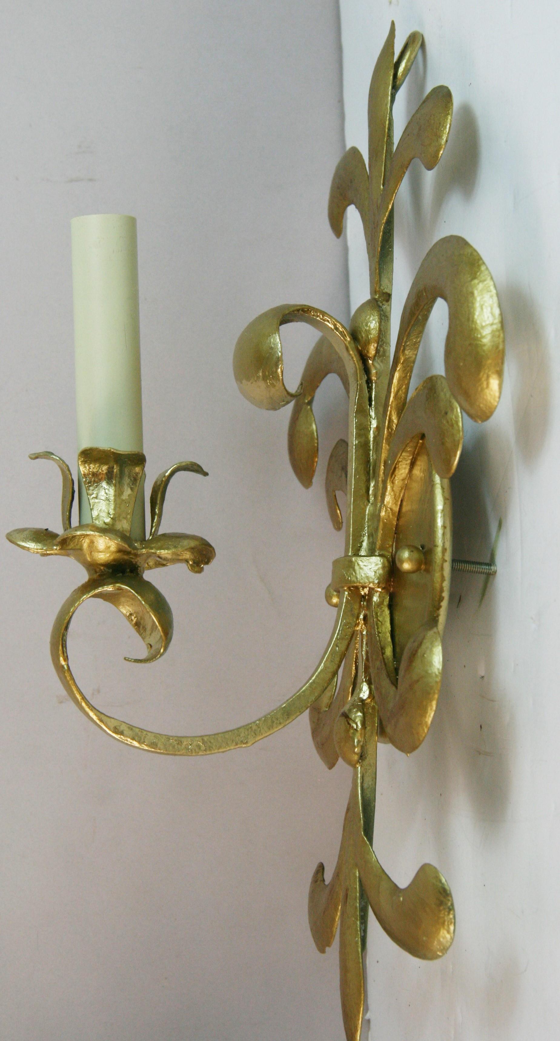 Pair French Modified Fleur deLis  Leaf  Gold Painted Single Light Sconces 1950's For Sale 1
