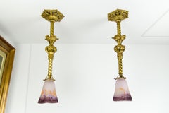 French Muller-Strasbourg Glass and Gilt Bronze Pendant Light Fixtures, a Pair