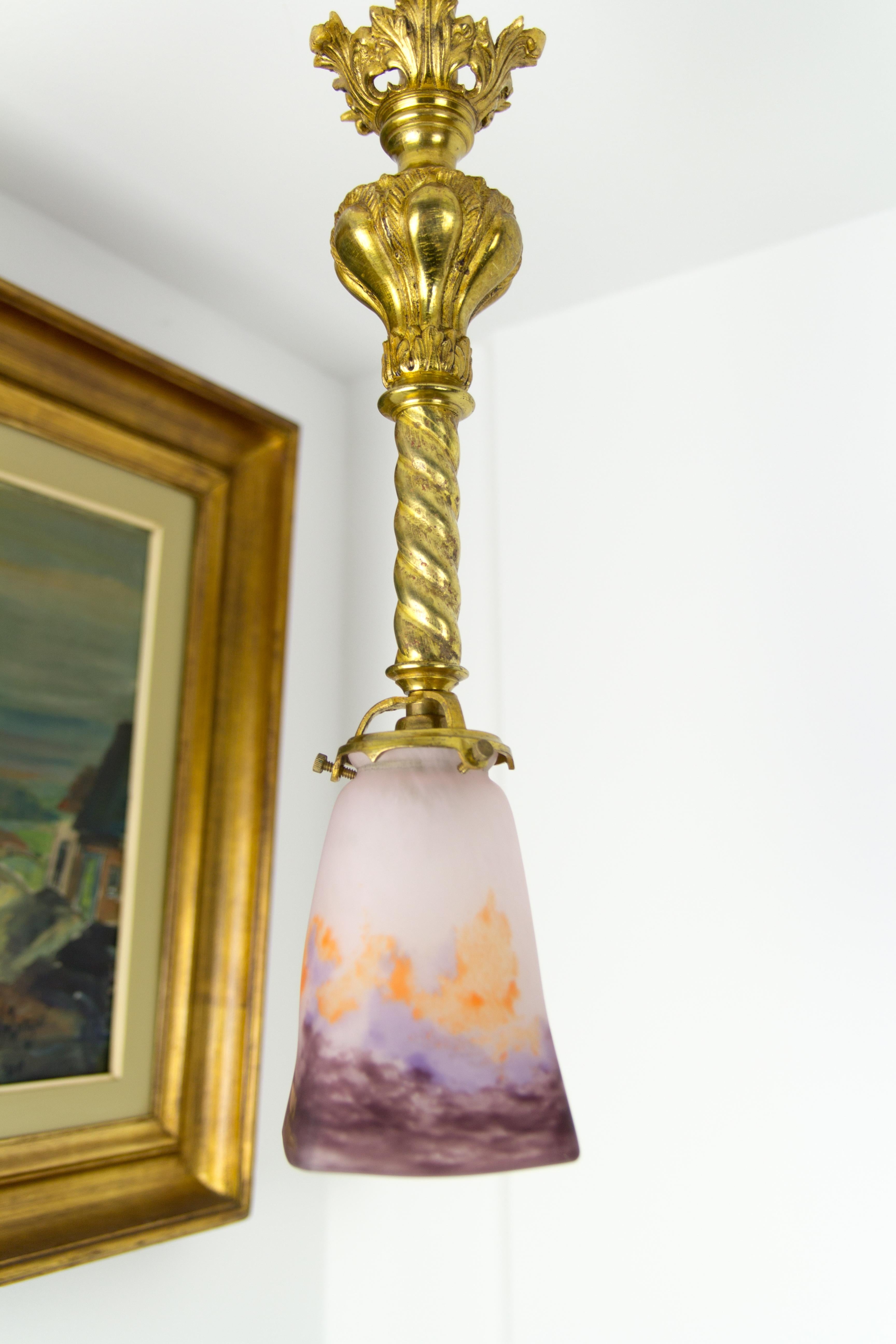 French Muller-Strasbourg Glass and Gilt Bronze Pendant Light Fixtures, a Pair For Sale 3