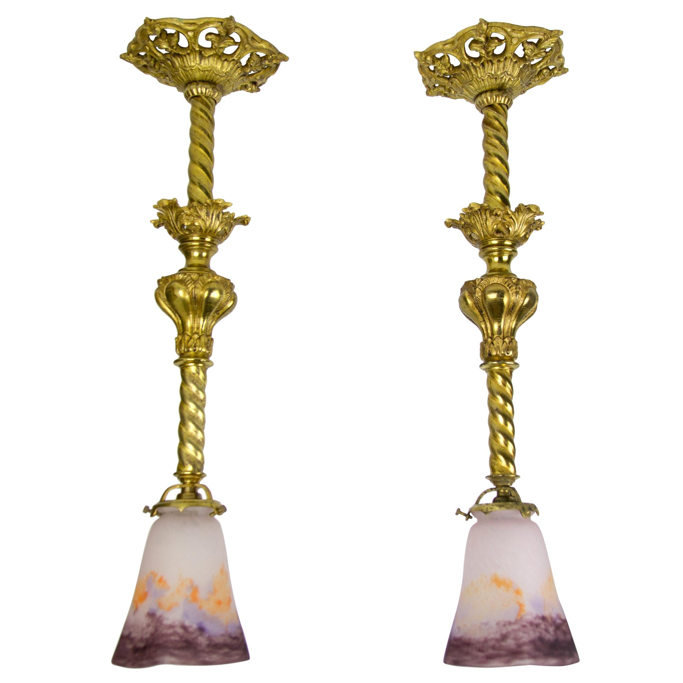 French Muller-Strasbourg Glass and Gilt Bronze Pendant Light Fixtures, a Pair For Sale