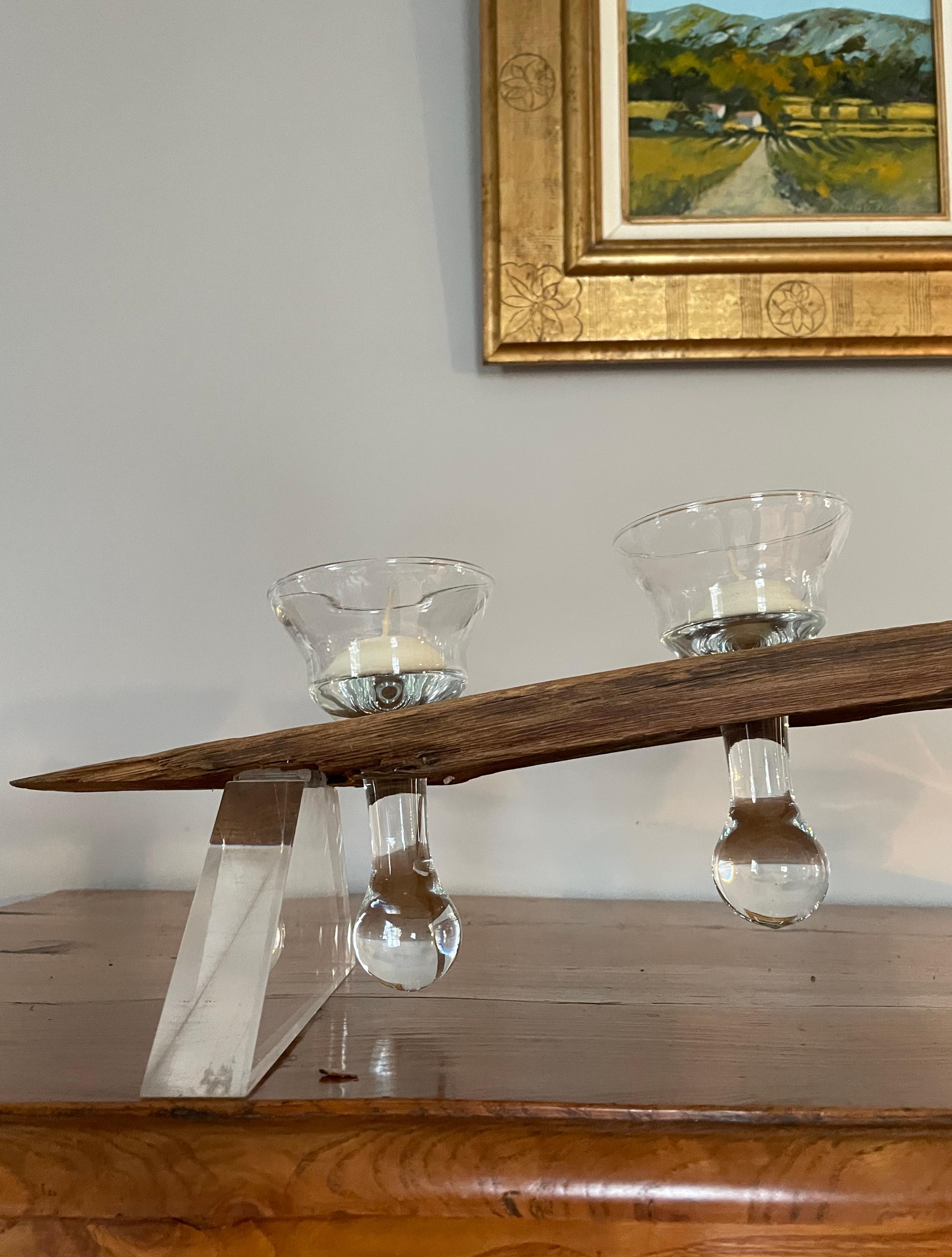 Pair French Nautical Oak Candelabra with Drinking Glasses/Candle Holders For Sale 5
