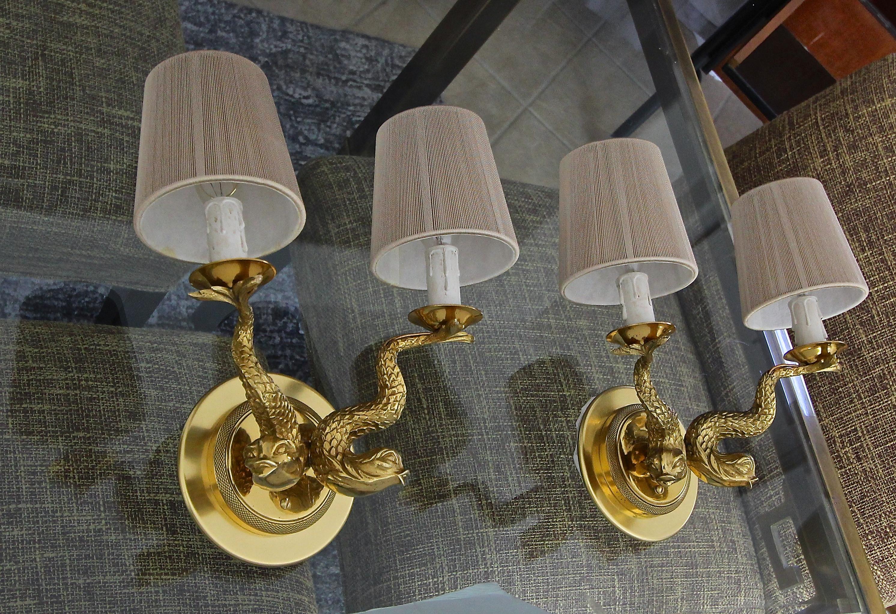 Pair of French Neoclassic Dolphin Brass Wall Sconces For Sale 6