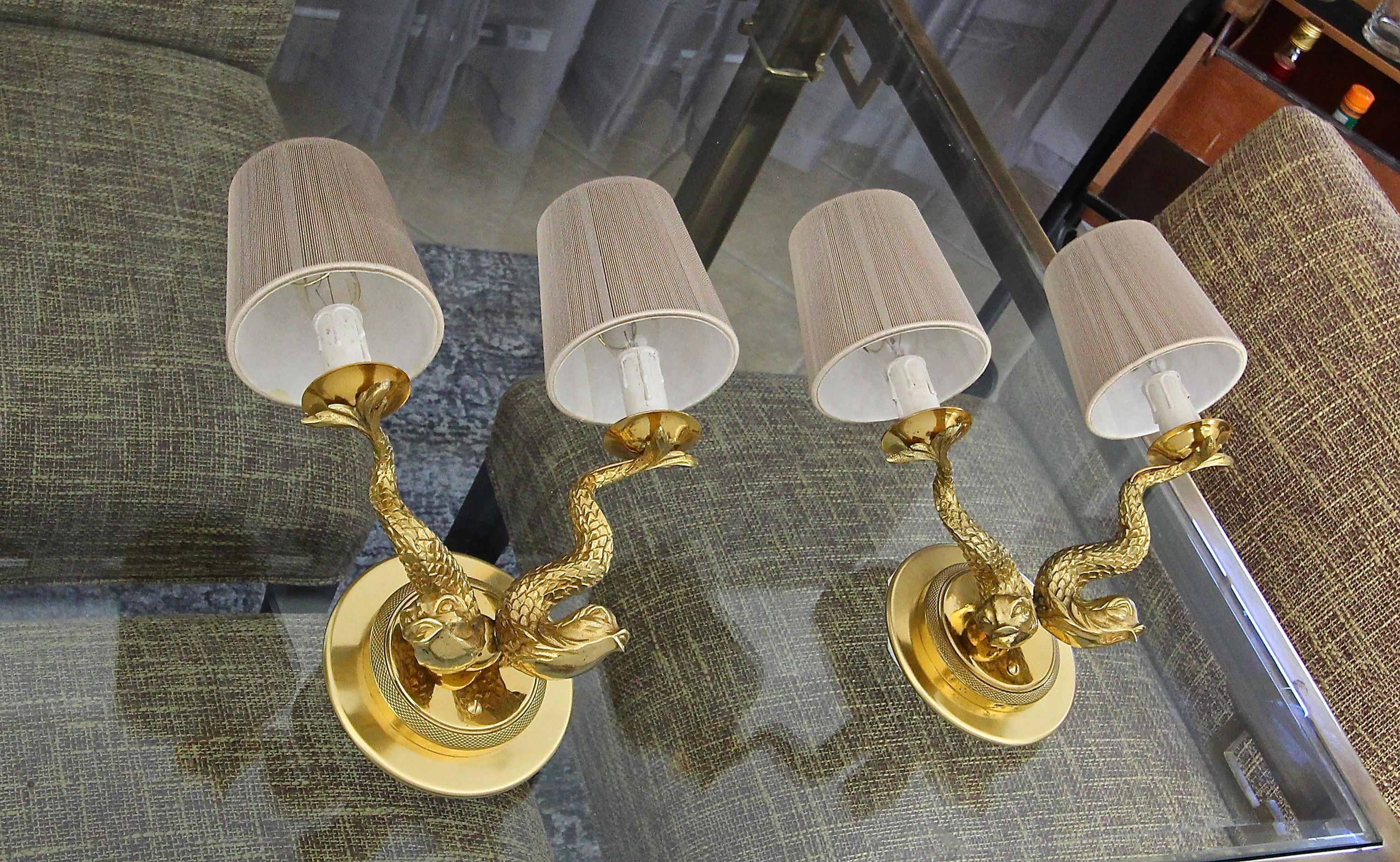 Pair of French Neoclassic Dolphin Brass Wall Sconces For Sale 7