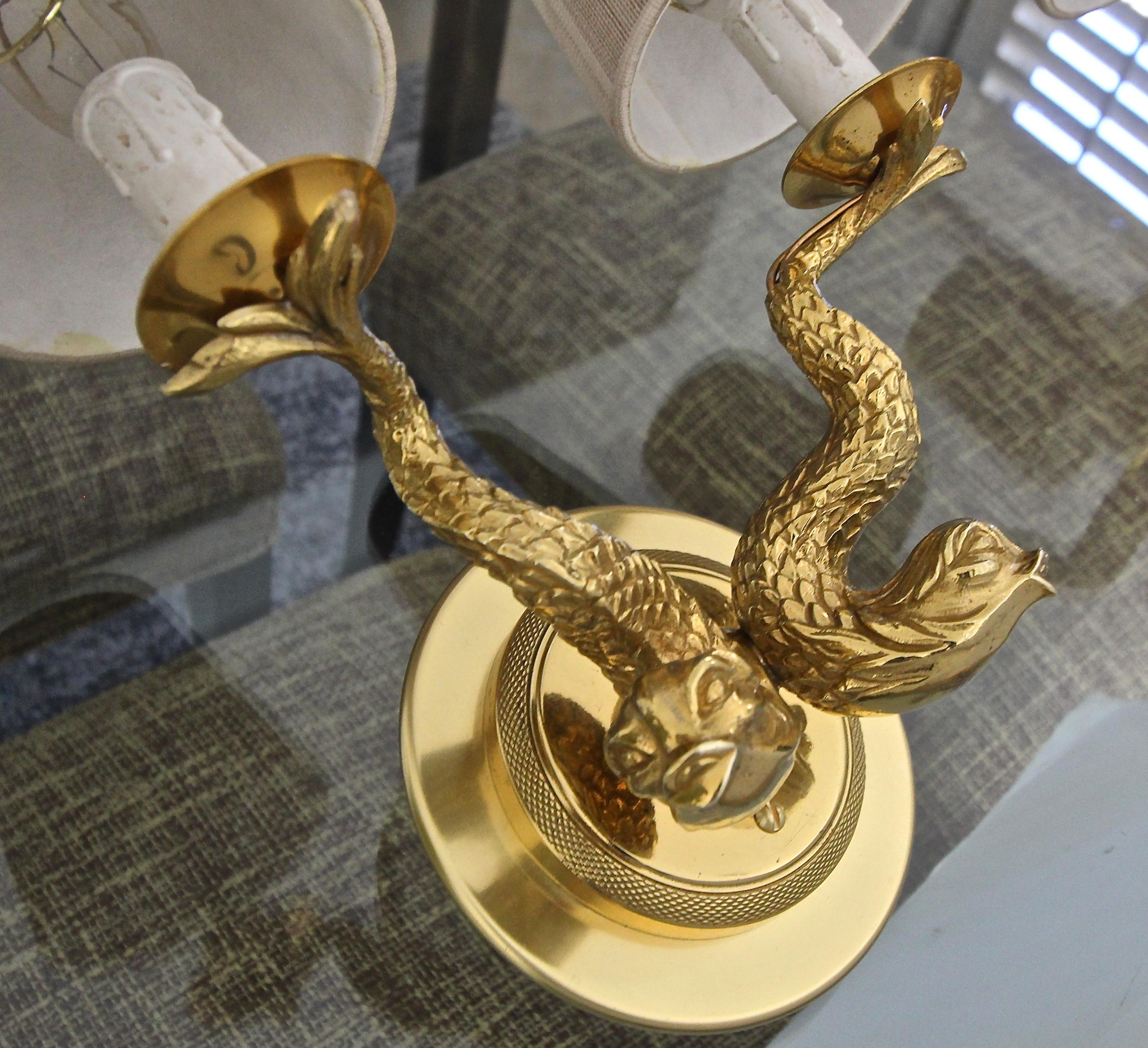 Pair of French Neoclassic Dolphin Brass Wall Sconces For Sale 8