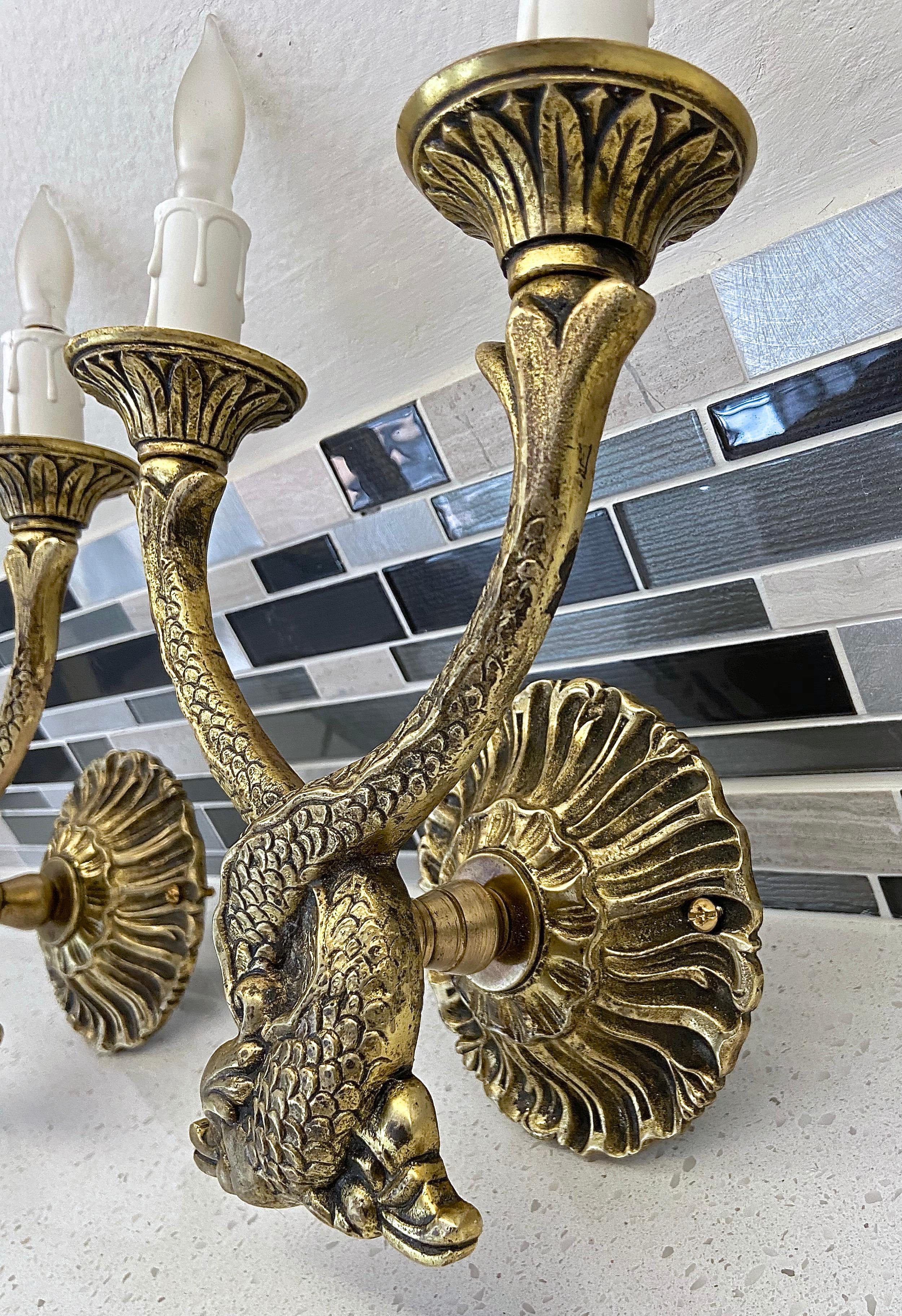 Pair of French Neoclassic Dolphin Brass Wall Sconces For Sale 9