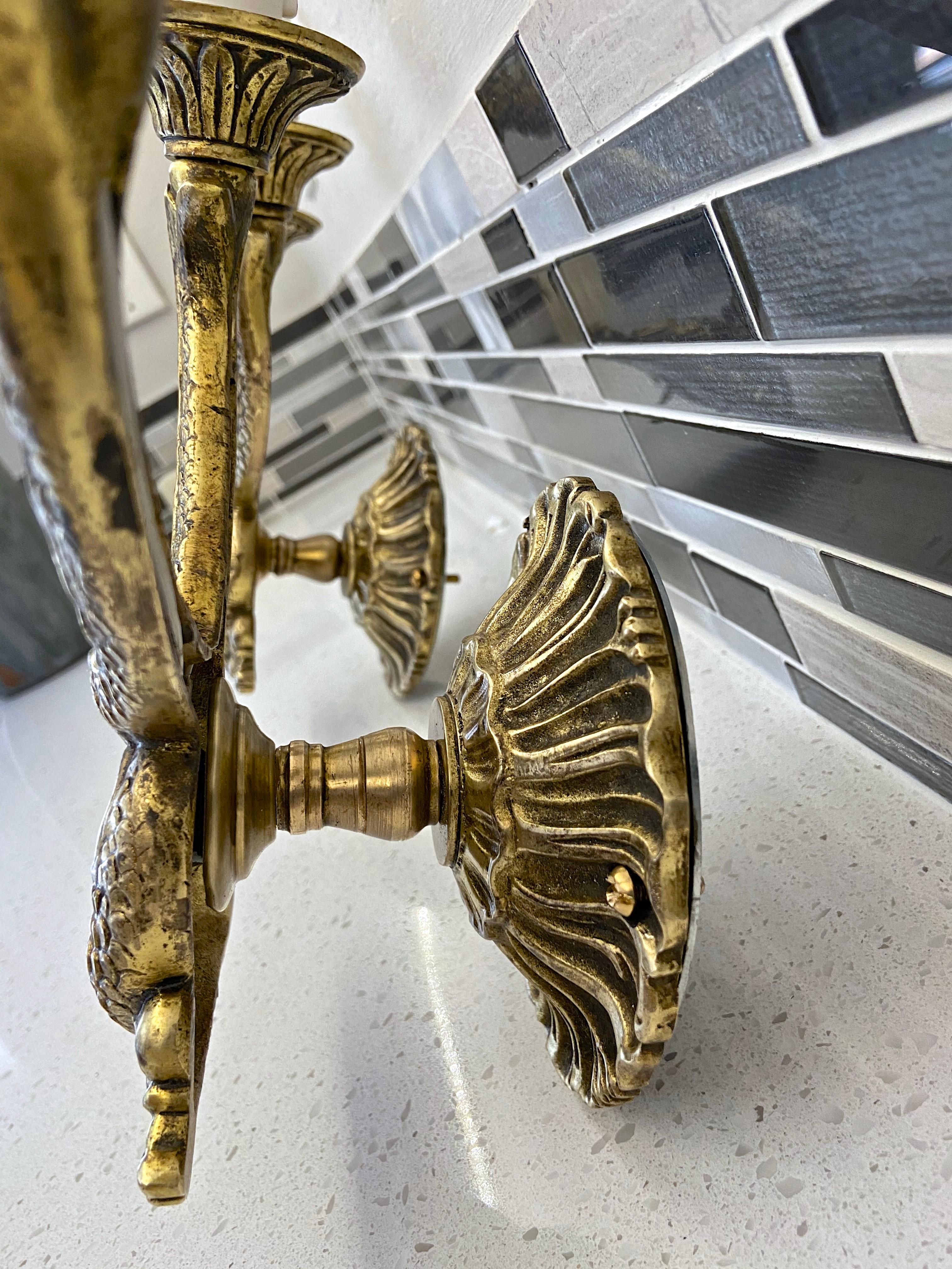 Pair of French Neoclassic Dolphin Brass Wall Sconces For Sale 11