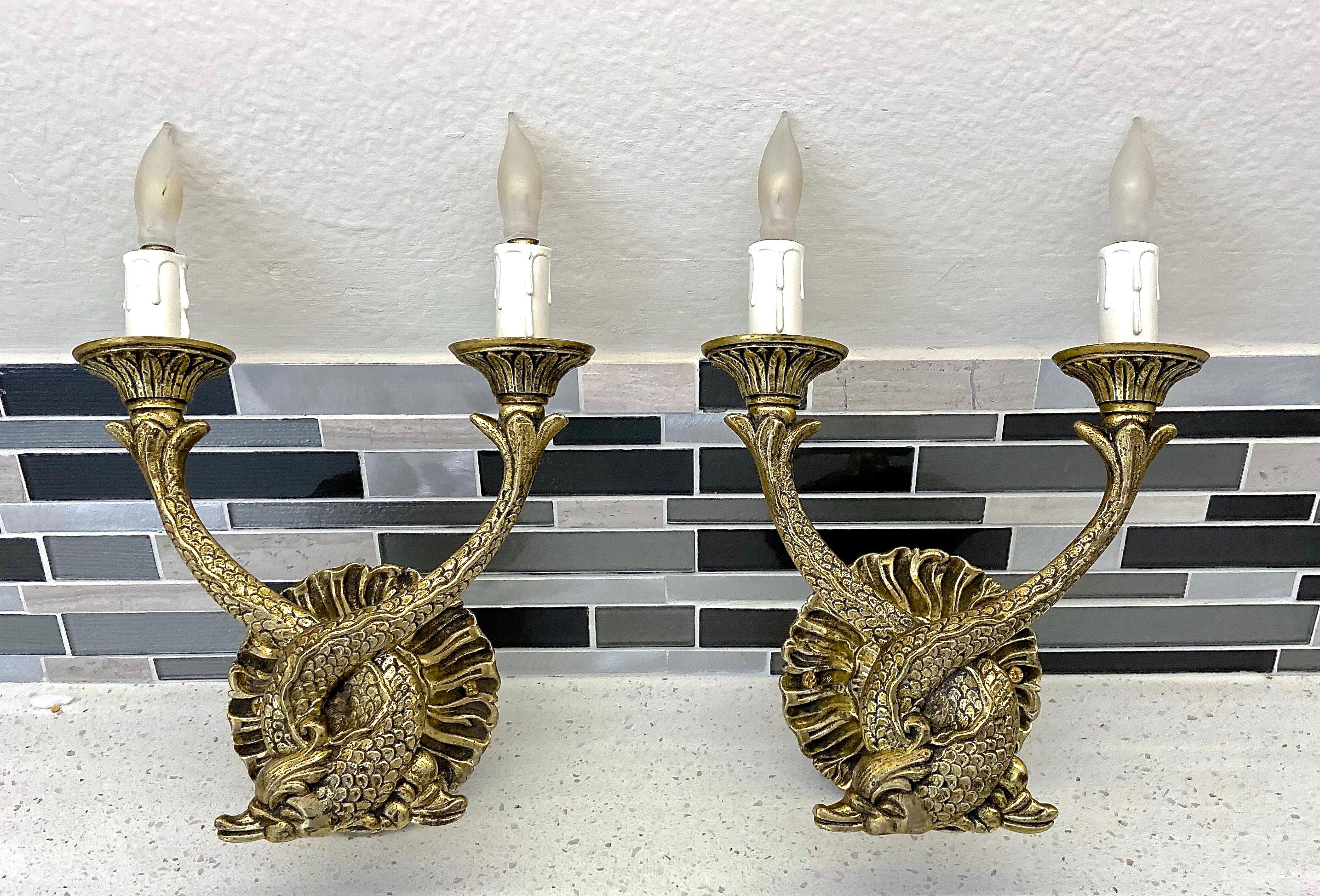 Pair of French Neoclassic Dolphin Brass Wall Sconces For Sale 15