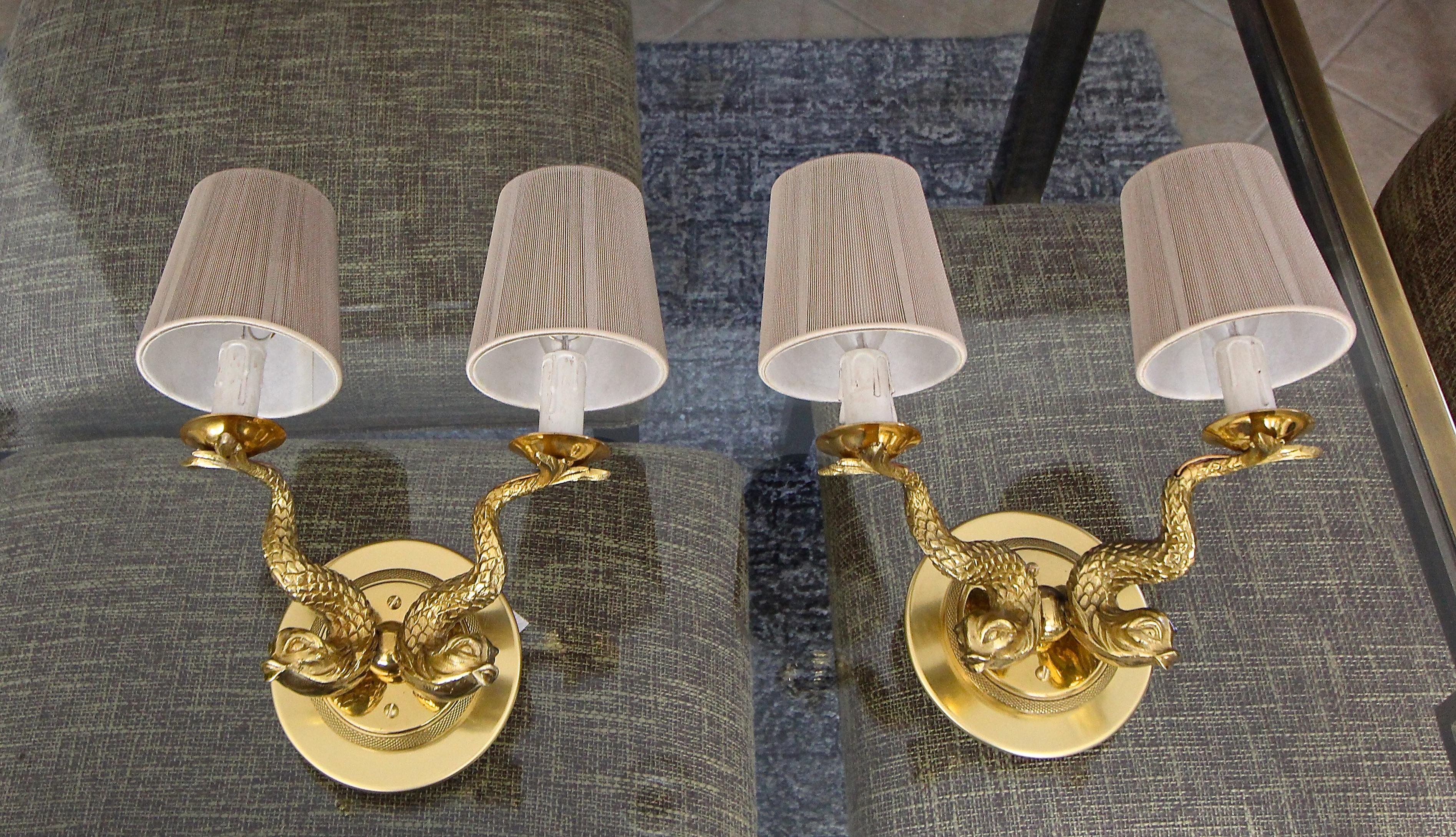 Pair of French Neoclassic Dolphin Brass Wall Sconces In Good Condition For Sale In Palm Springs, CA