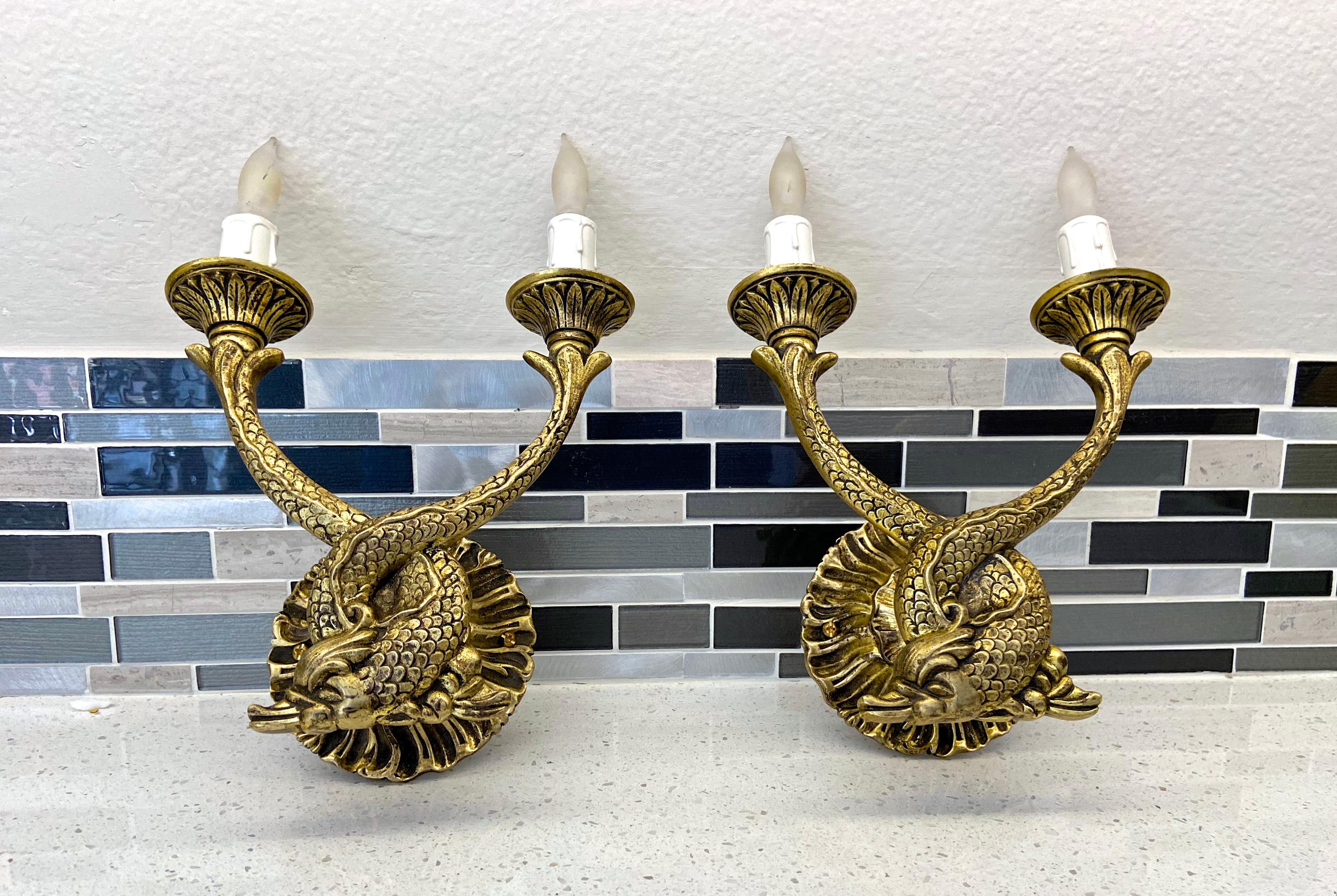 Pair of French Neoclassic Dolphin Brass Wall Sconces In Good Condition For Sale In Palm Springs, CA