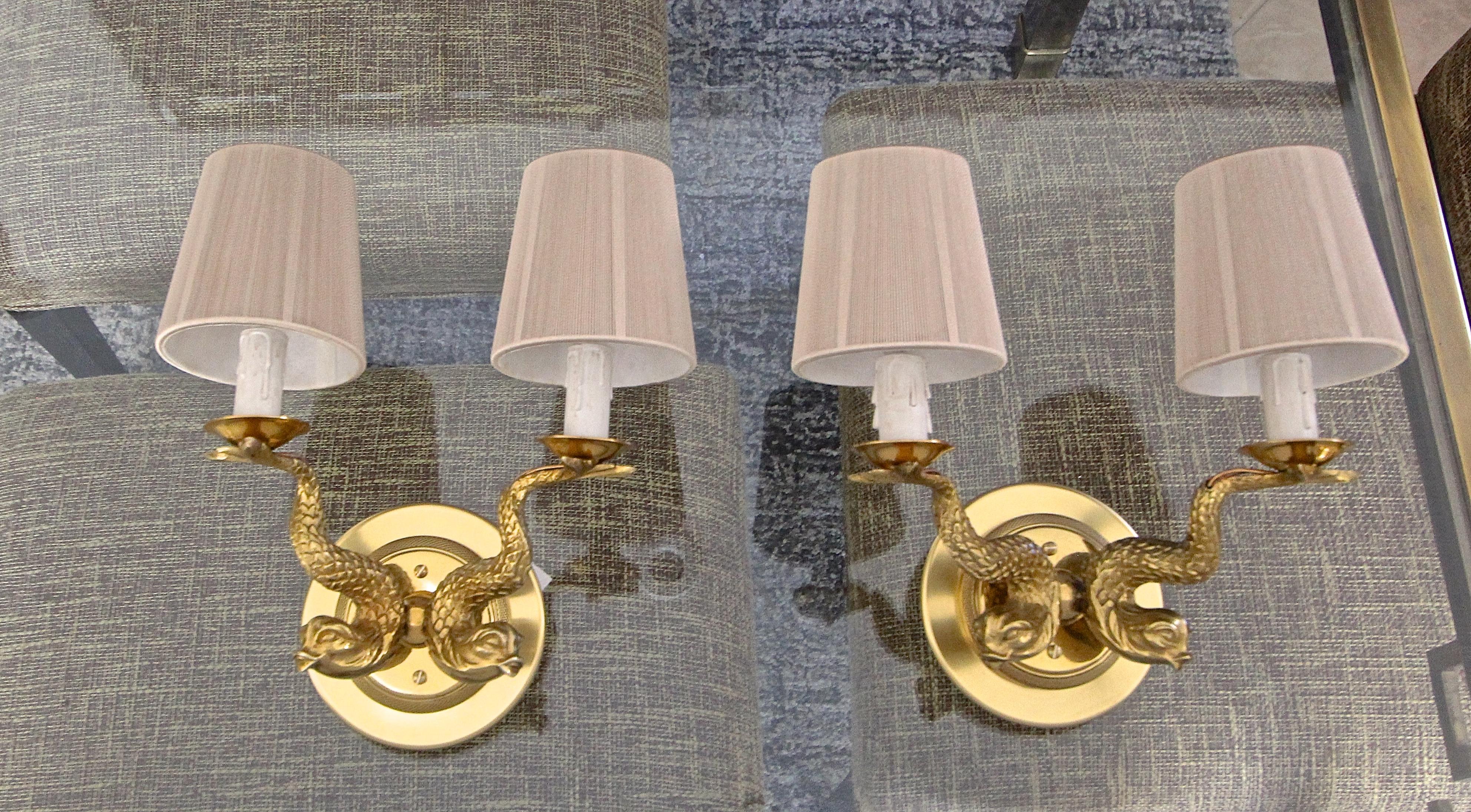 Mid-20th Century Pair of French Neoclassic Dolphin Brass Wall Sconces For Sale