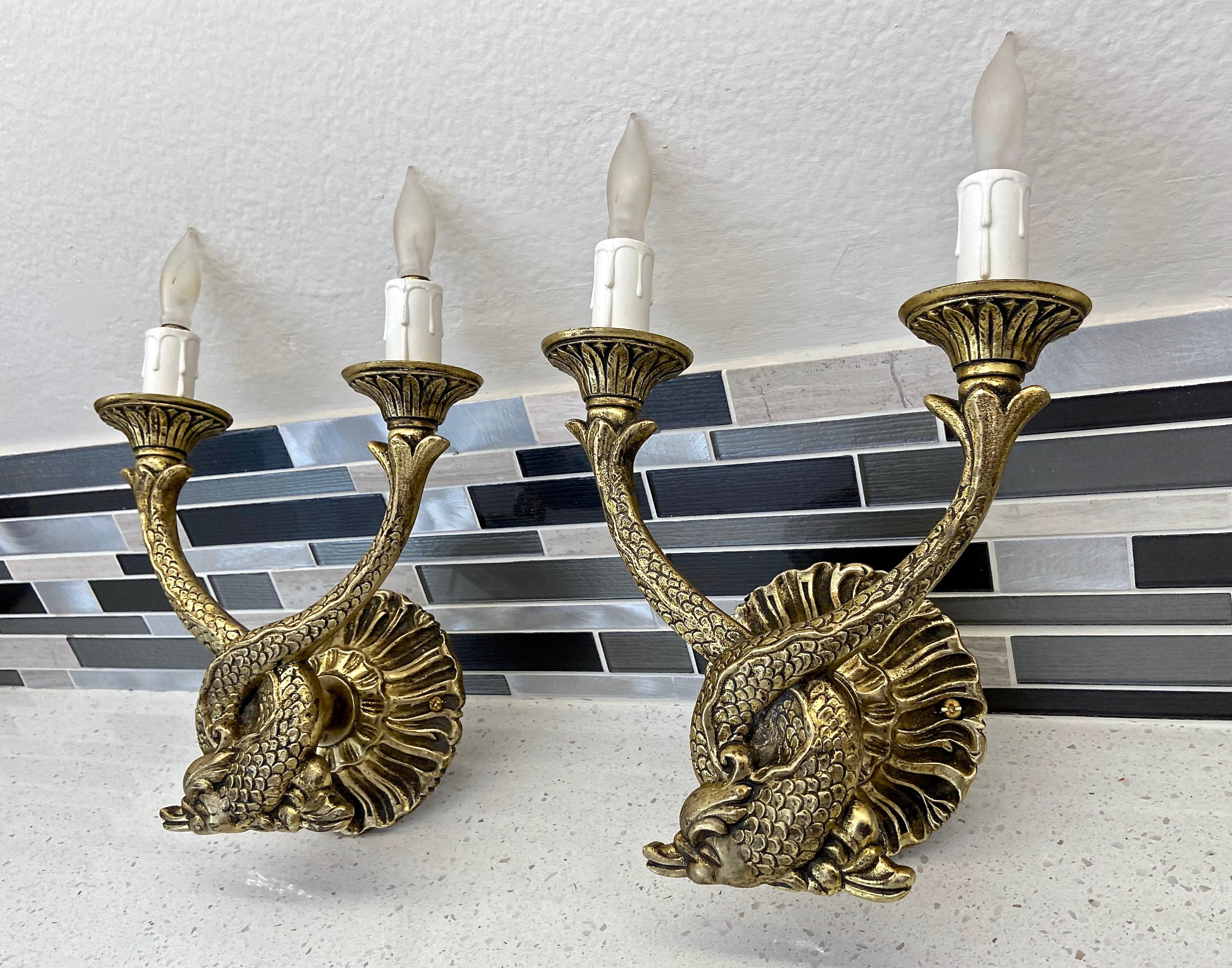 Mid-20th Century Pair of French Neoclassic Dolphin Brass Wall Sconces For Sale