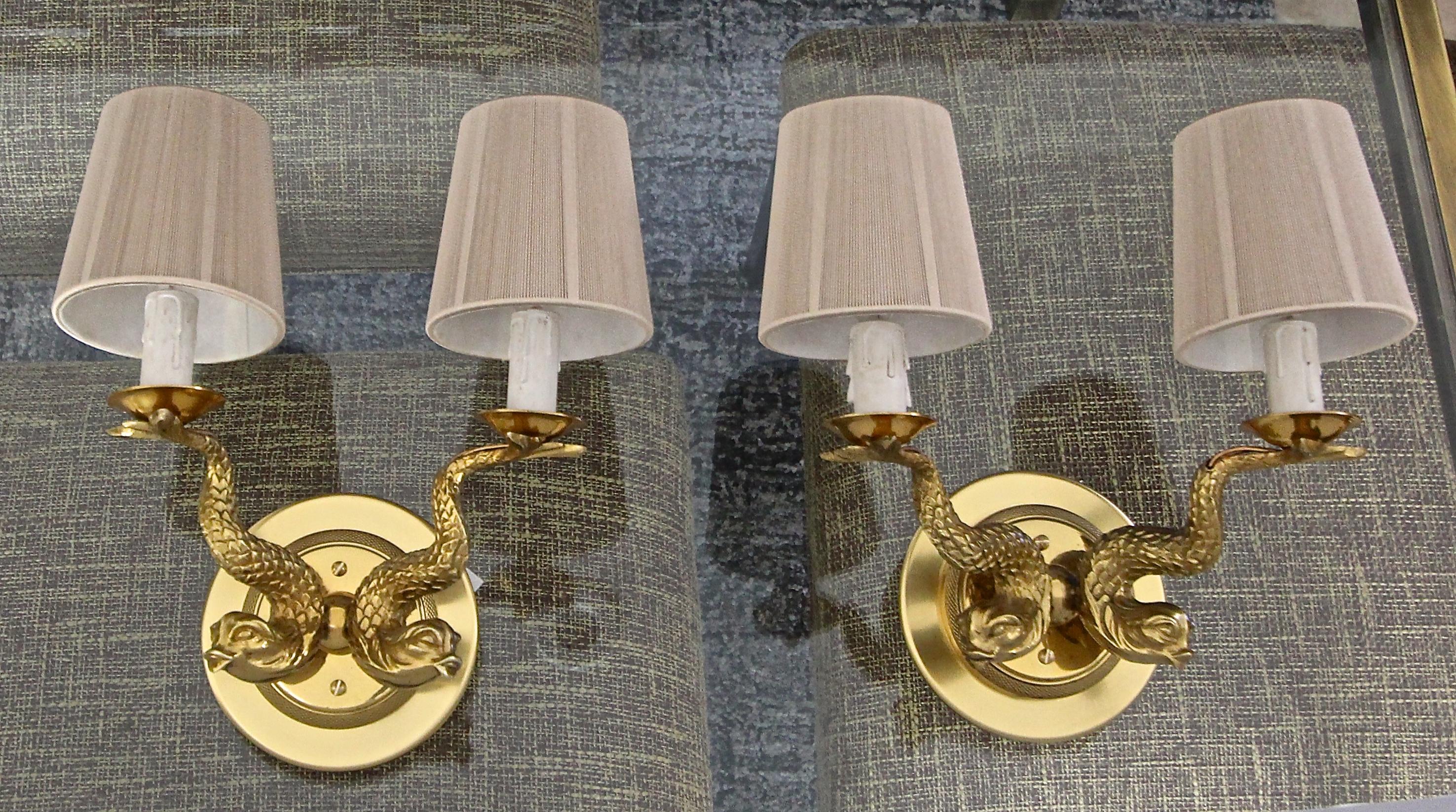 Pair of French Neoclassic Dolphin Brass Wall Sconces For Sale 1
