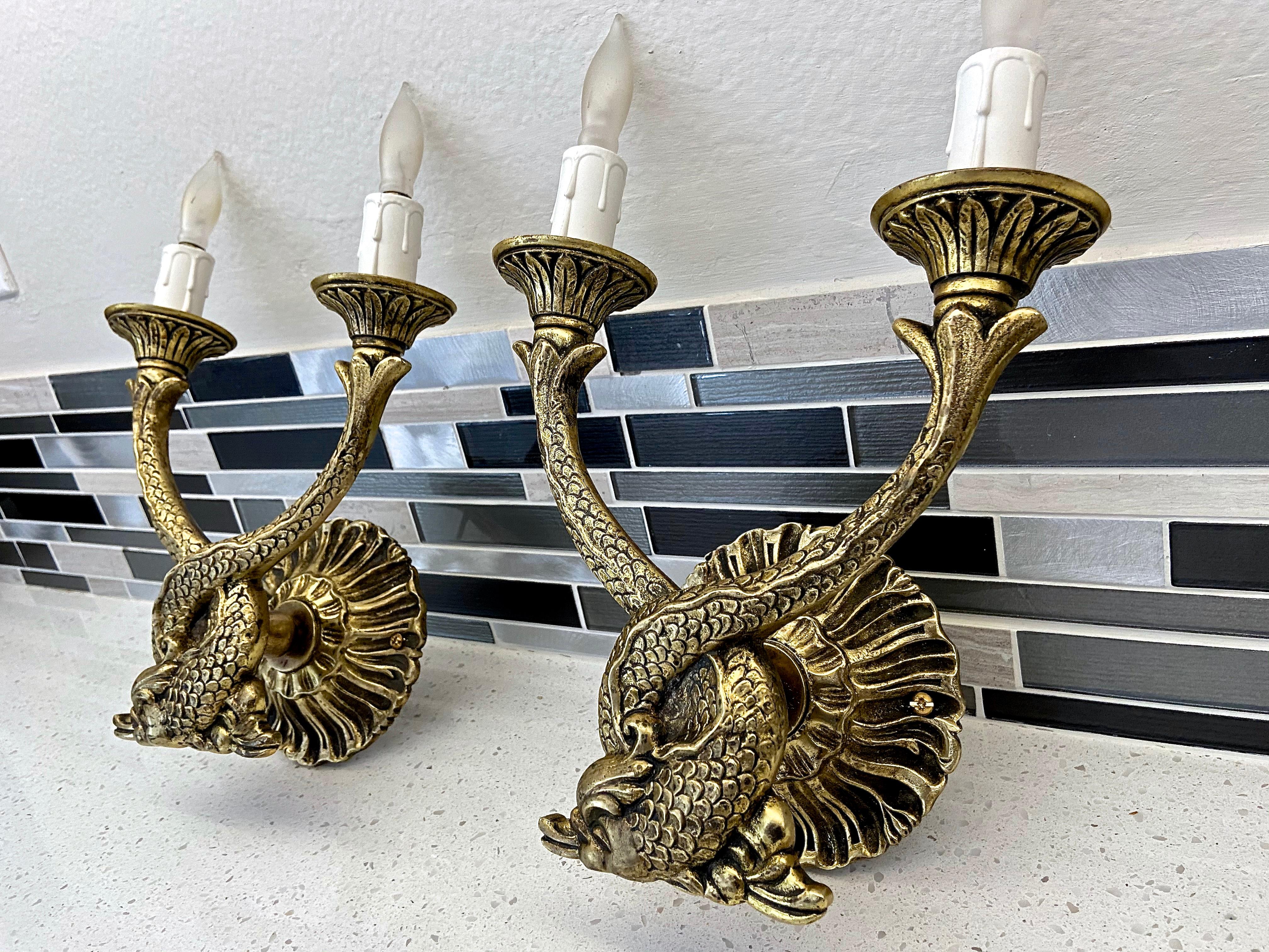 Pair of French Neoclassic Dolphin Brass Wall Sconces For Sale 1