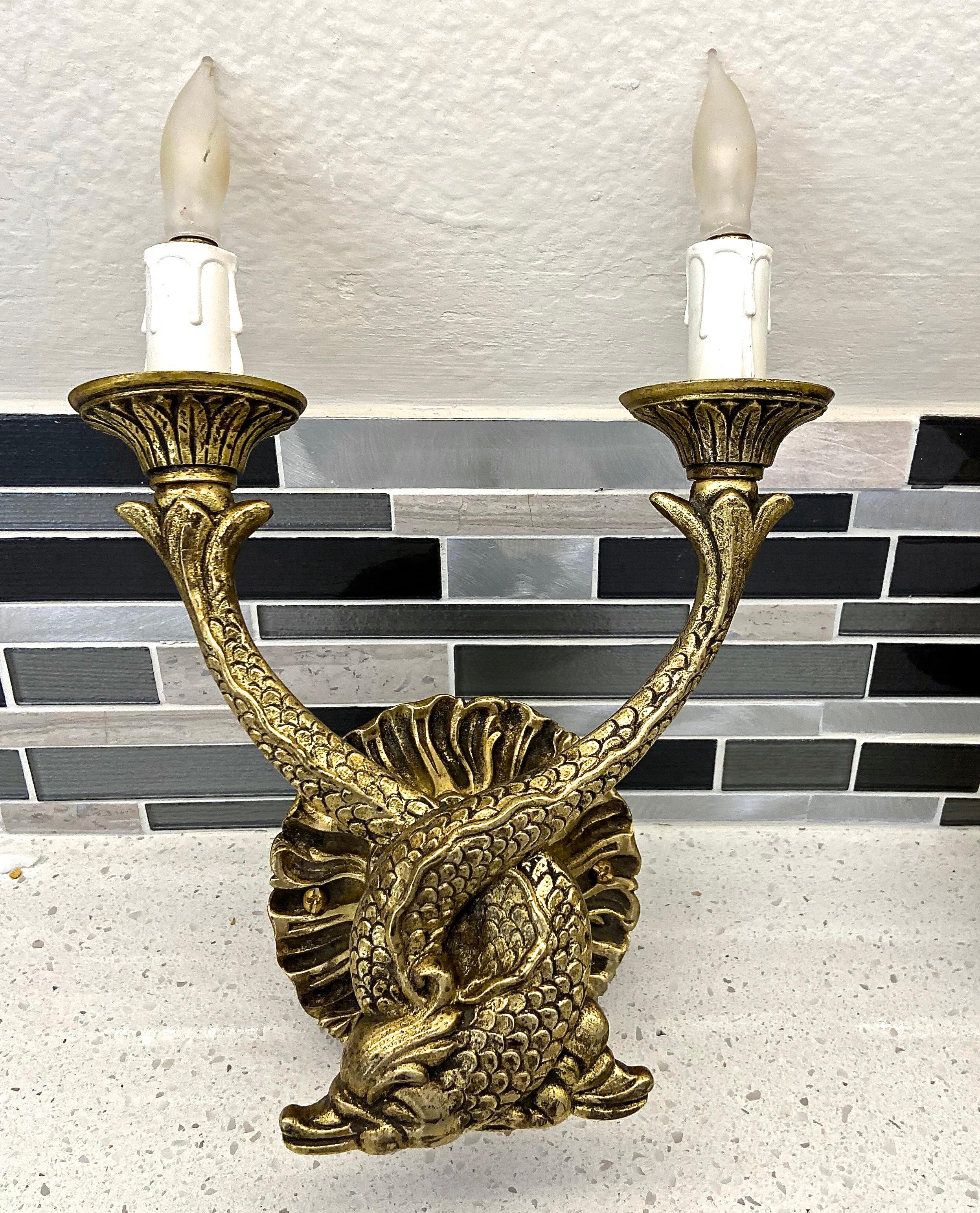 Pair of French Neoclassic Dolphin Brass Wall Sconces For Sale 2
