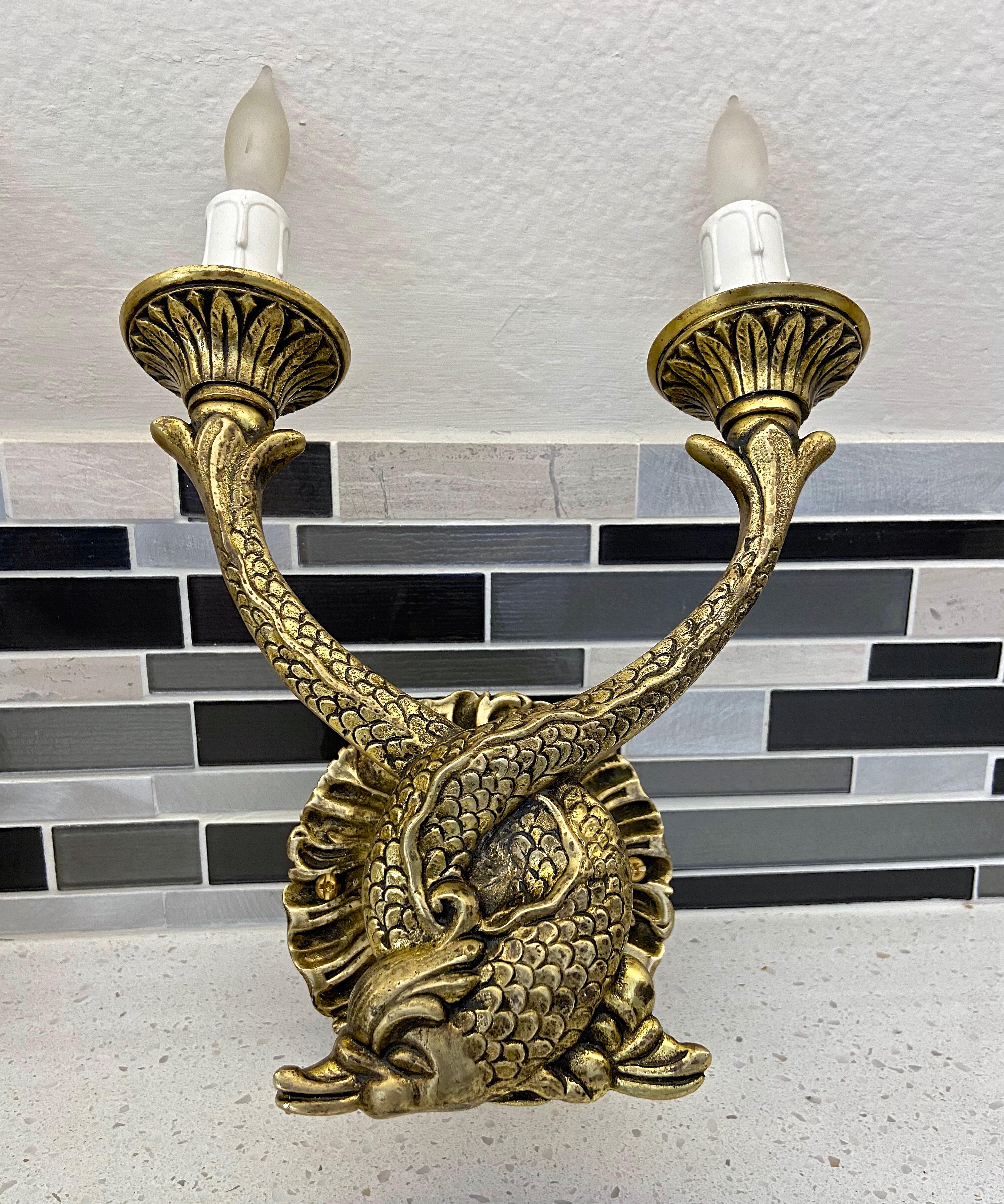 Pair of French Neoclassic Dolphin Brass Wall Sconces For Sale 3