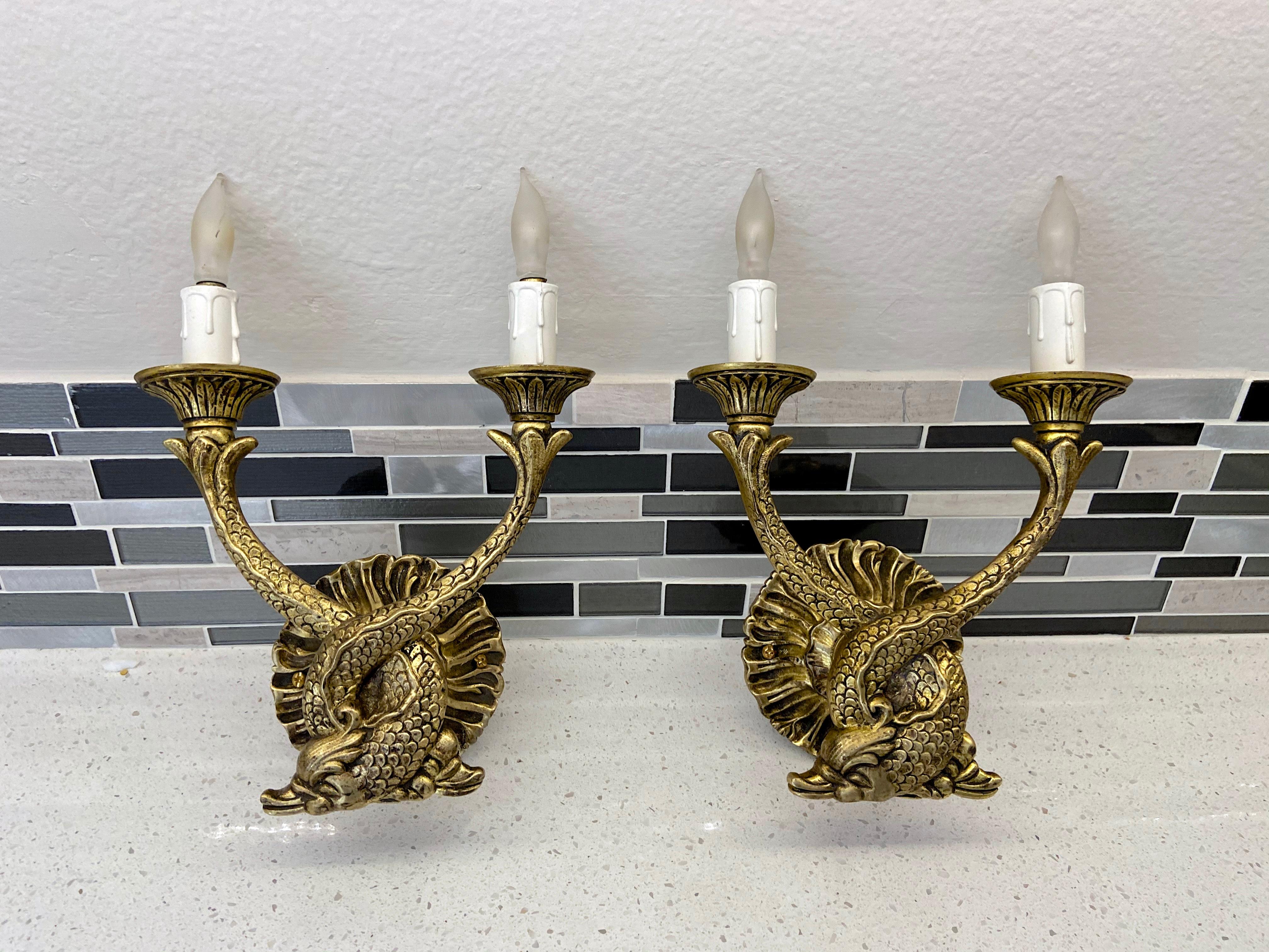 Pair of French Neoclassic Dolphin Brass Wall Sconces For Sale 4