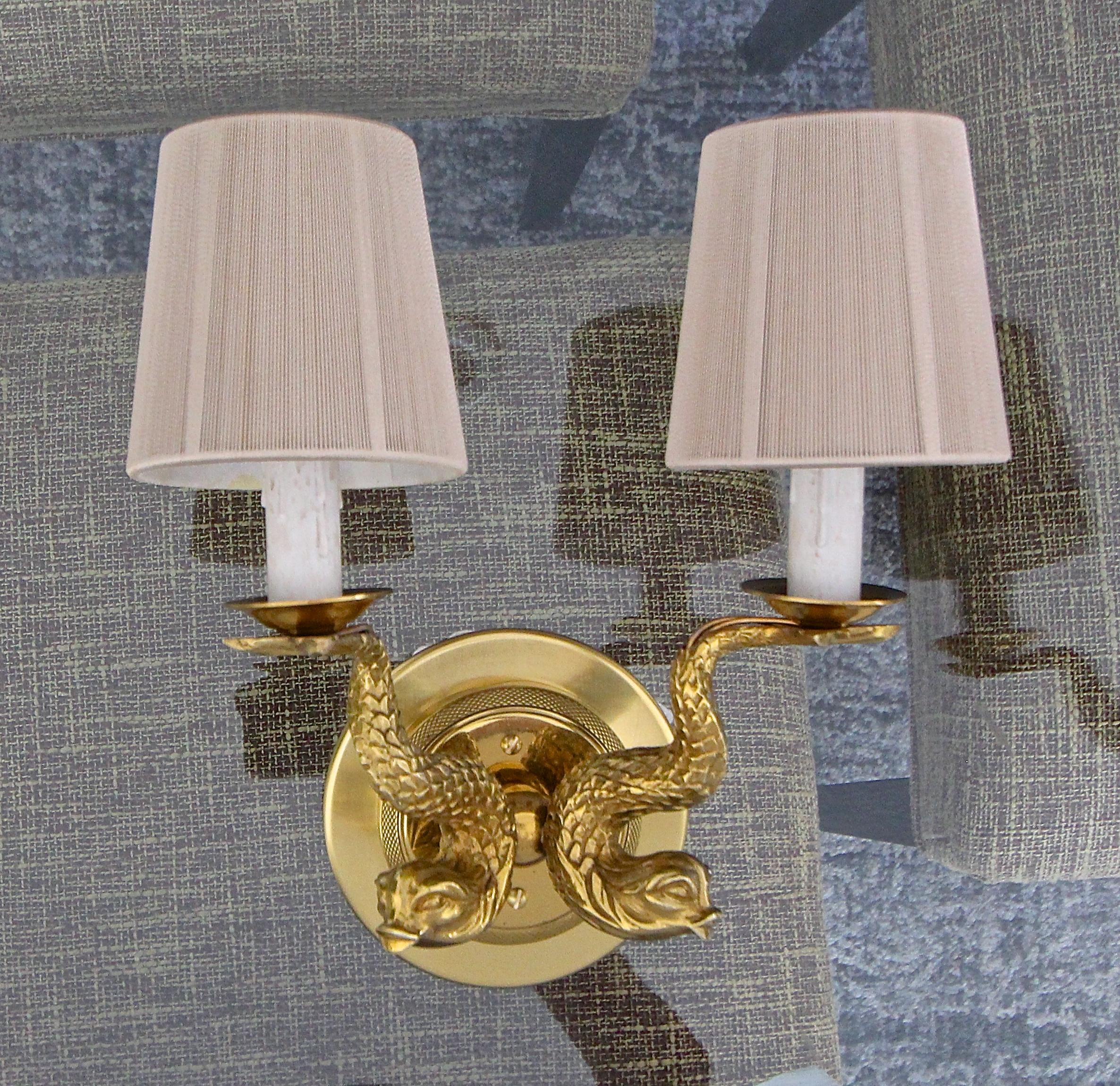 Pair of French Neoclassic Dolphin Brass Wall Sconces For Sale 5