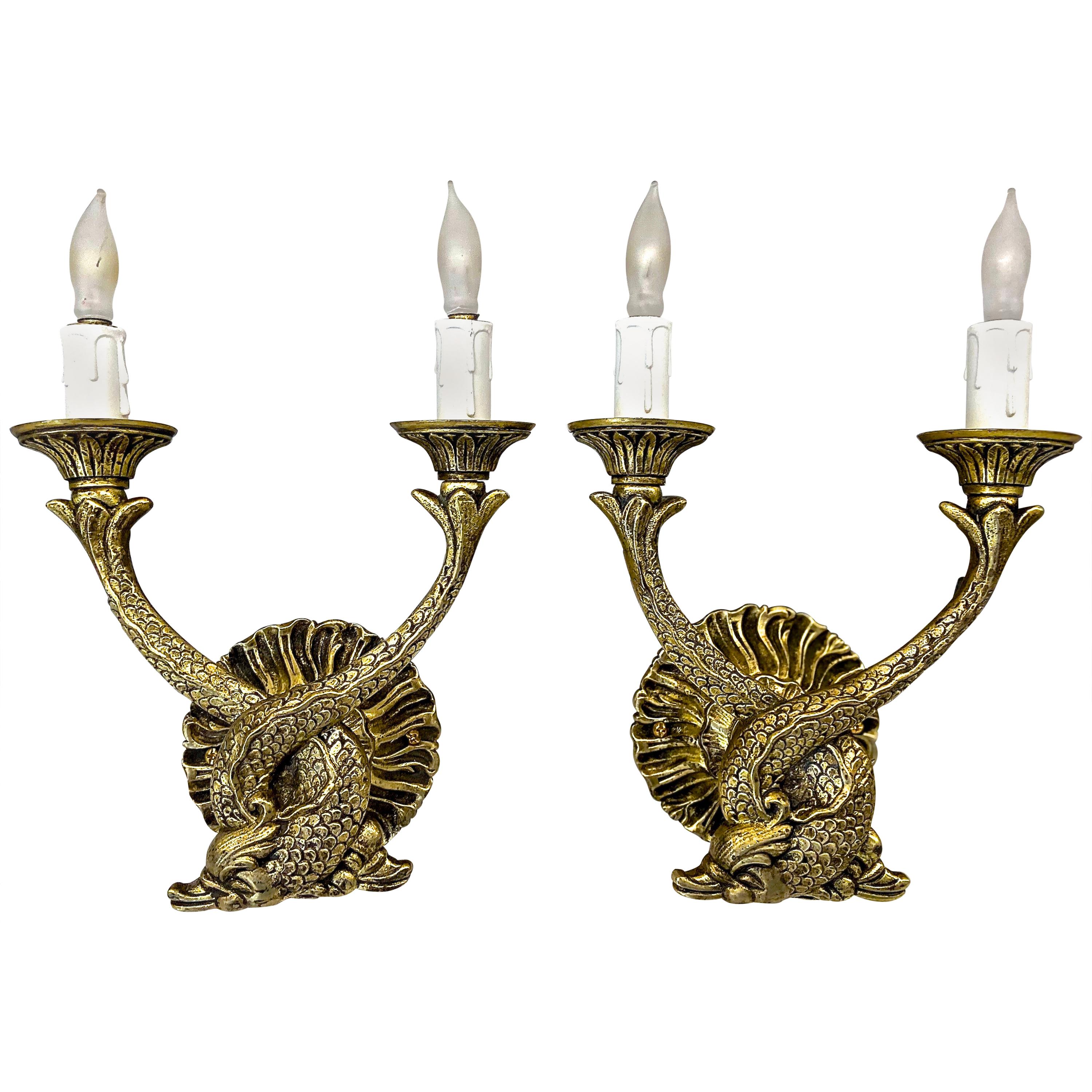 Pair of French Neoclassic Dolphin Brass Wall Sconces For Sale