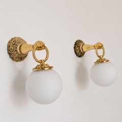 Pair French Neoclassic Hand Brass Sconces Glass Wall Lights, 1960s