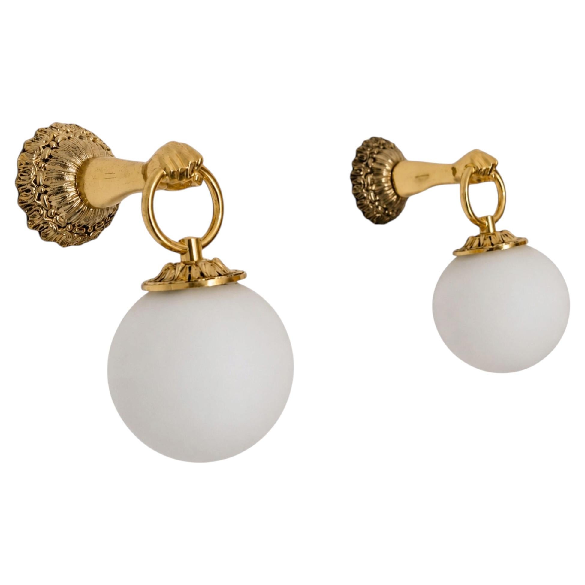 Pair French Neoclassic Hand Brass Sconces Glass Wall Lights, 1960s