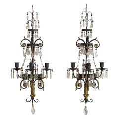Pair French Neoclassic Painted and Gilt Tole 3=Light Wall Sconces, ca. 1840’s