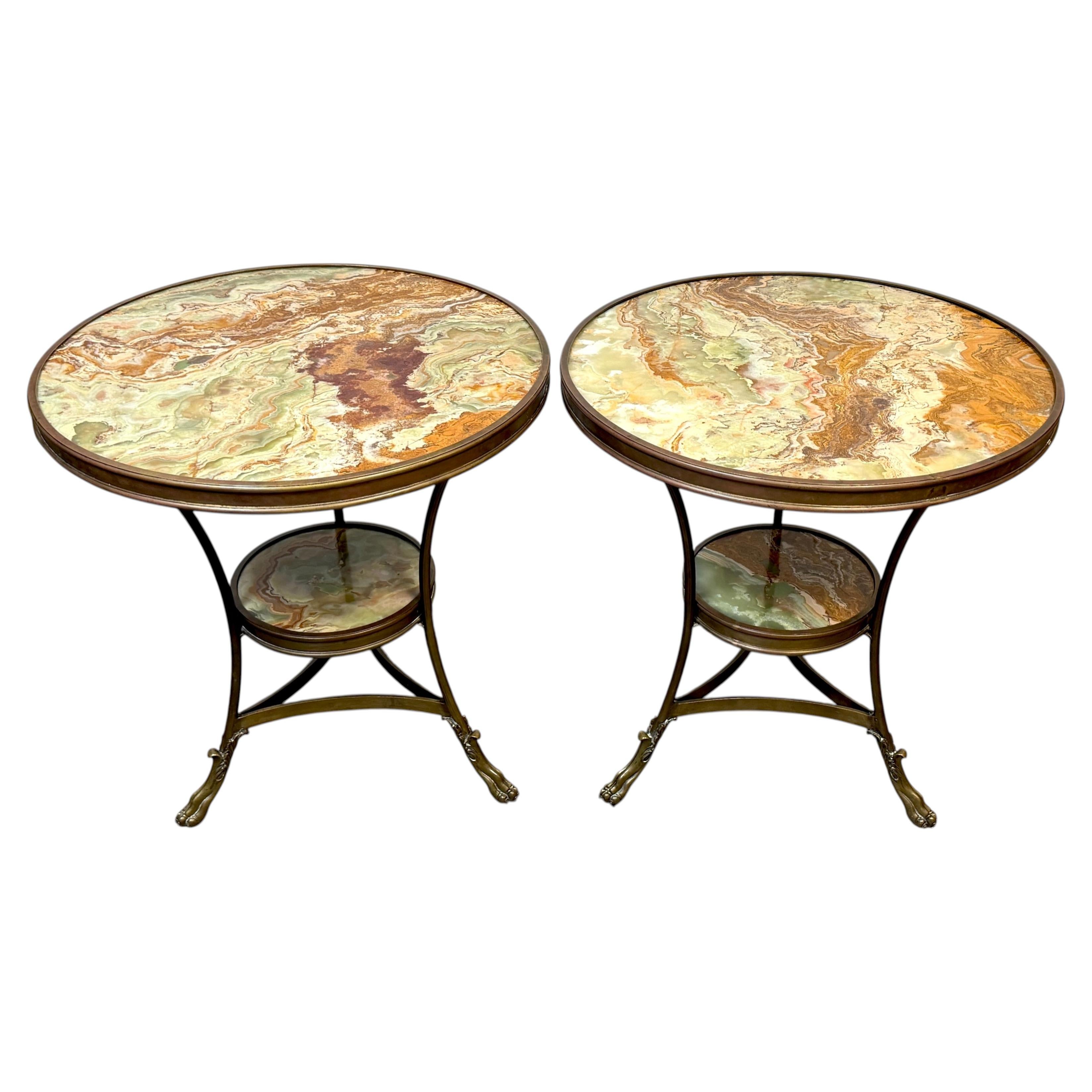 Pair French Neoclassical Bronze & Book-Matched Onyx Gueridons