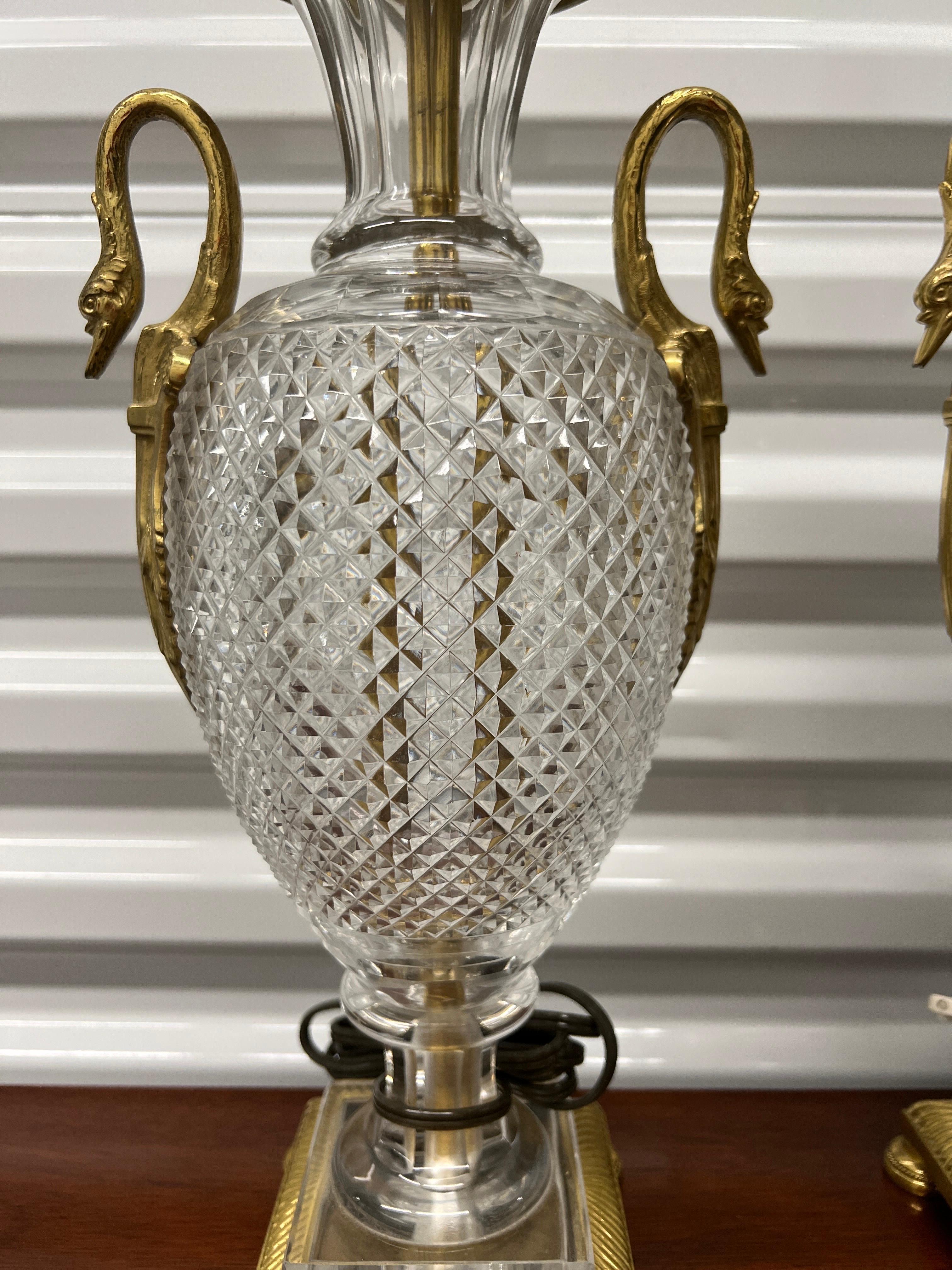 Pair, French Neoclassical Cut Crystal & Bronze Swan Ormolu Baccarat ATTR Lamps In Good Condition In Atlanta, GA