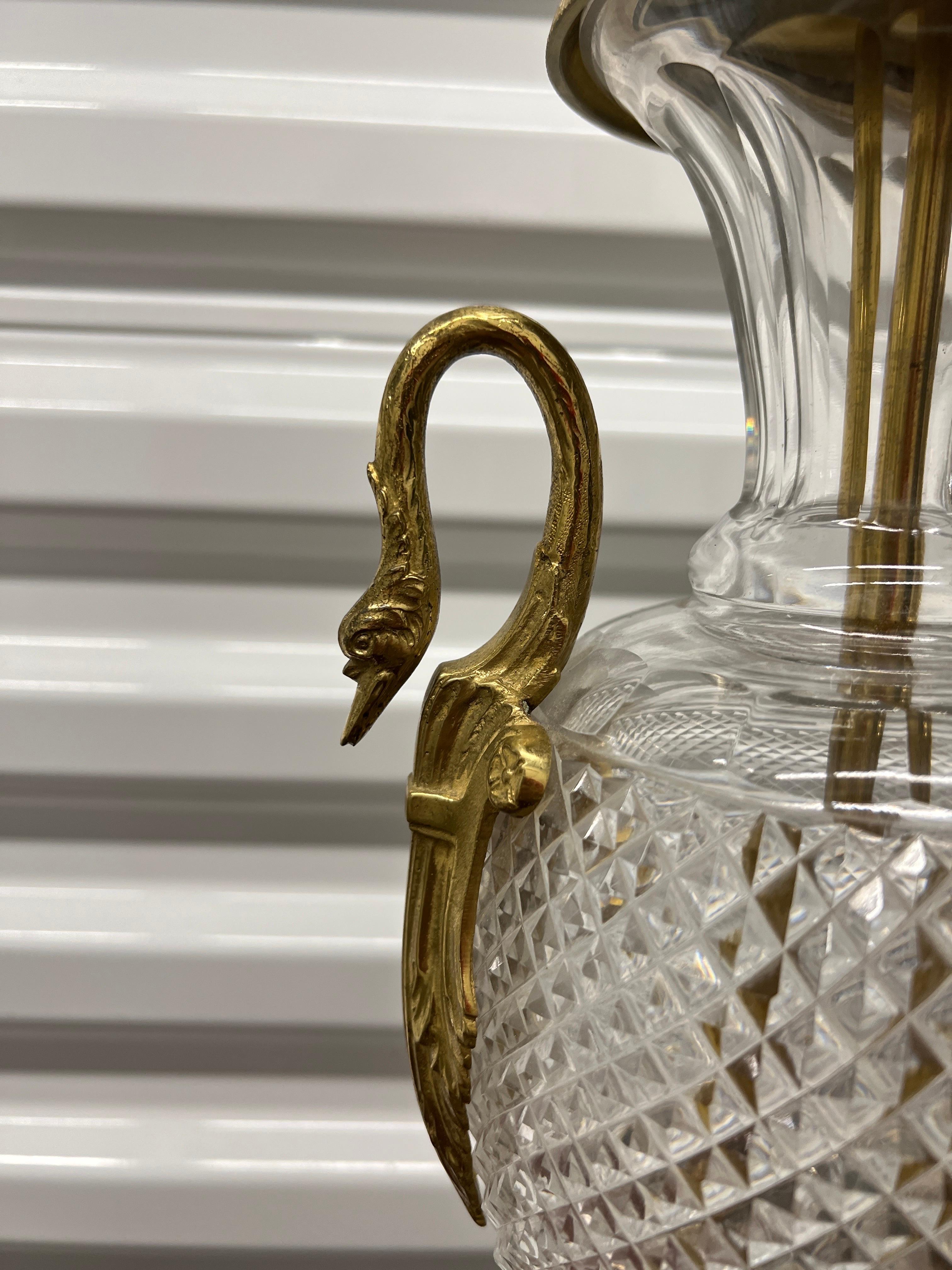 Pair, French Neoclassical Cut Crystal & Bronze Swan Ormolu Baccarat ATTR Lamps For Sale 1