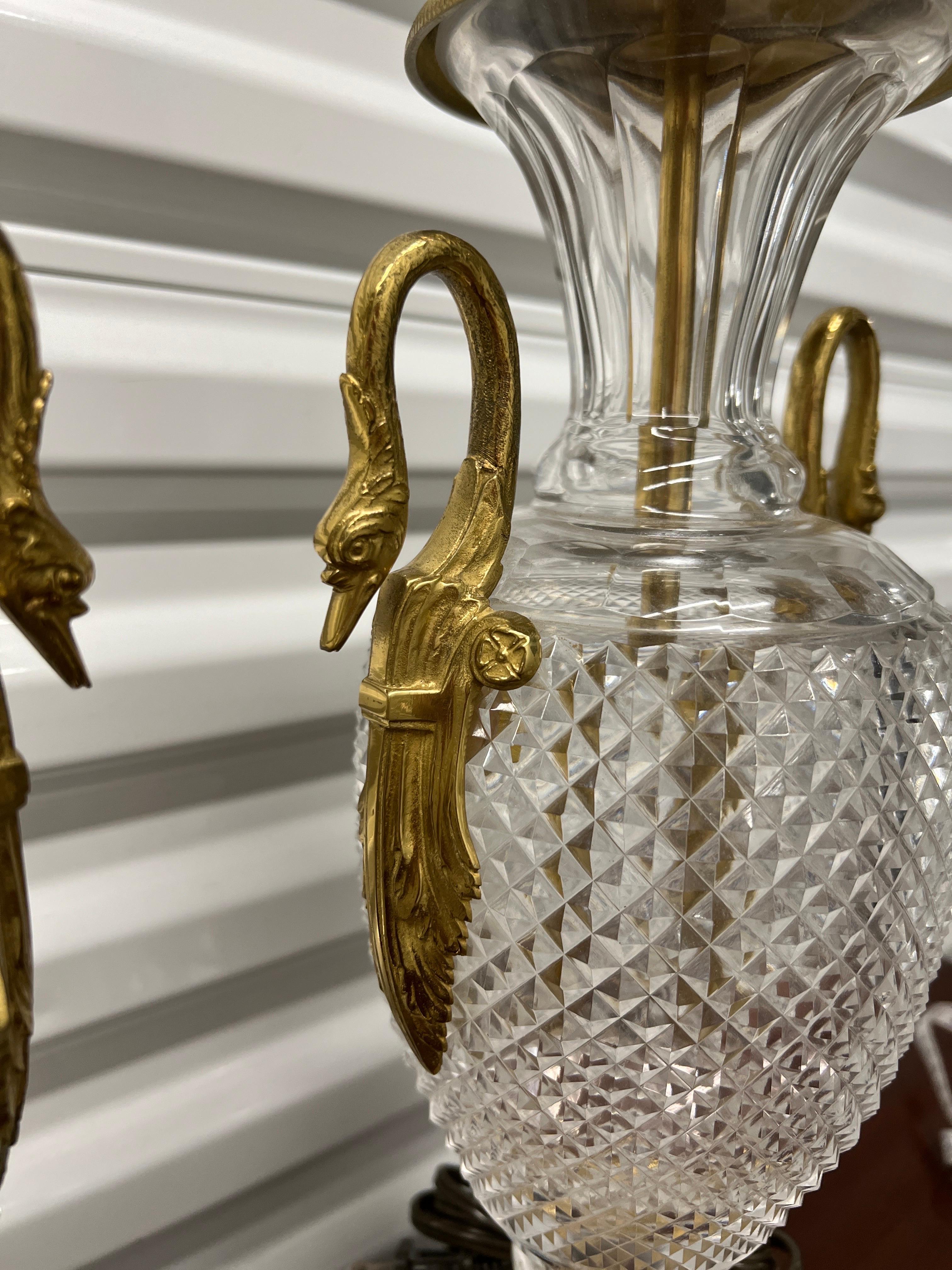 Pair, French Neoclassical Cut Crystal & Bronze Swan Ormolu Baccarat ATTR Lamps For Sale 3