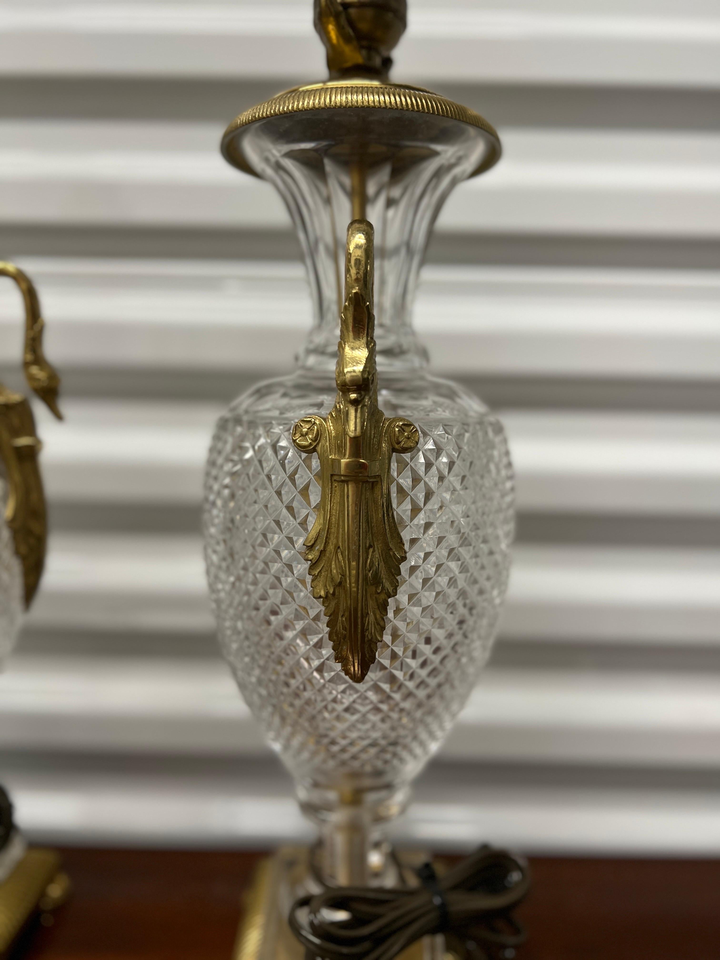 Pair, French Neoclassical Cut Crystal & Bronze Swan Ormolu Baccarat ATTR Lamps For Sale 4