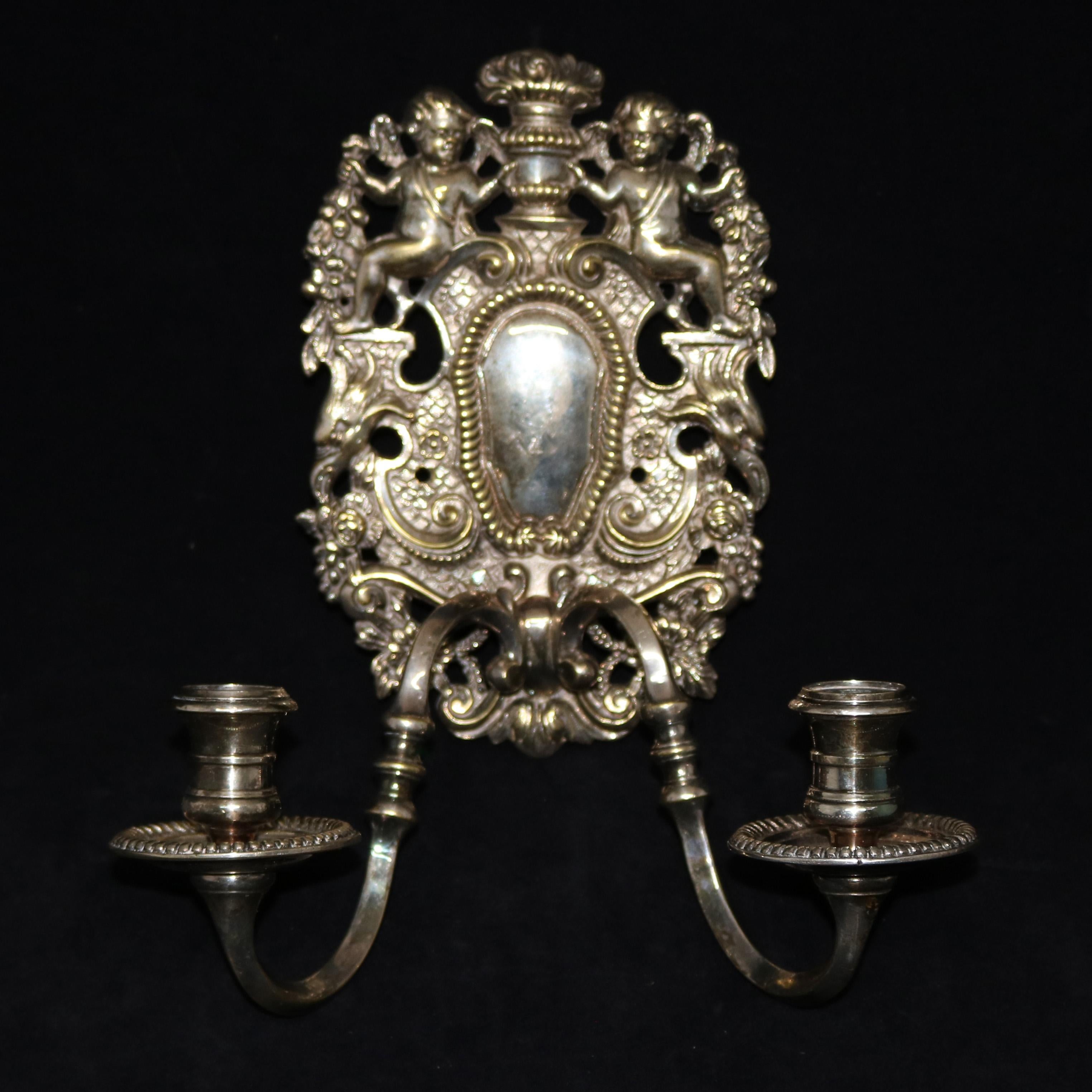 Classical Greek Pair of French Neoclassical Figural Cherub Gilt Metal Candle Wall Sconces