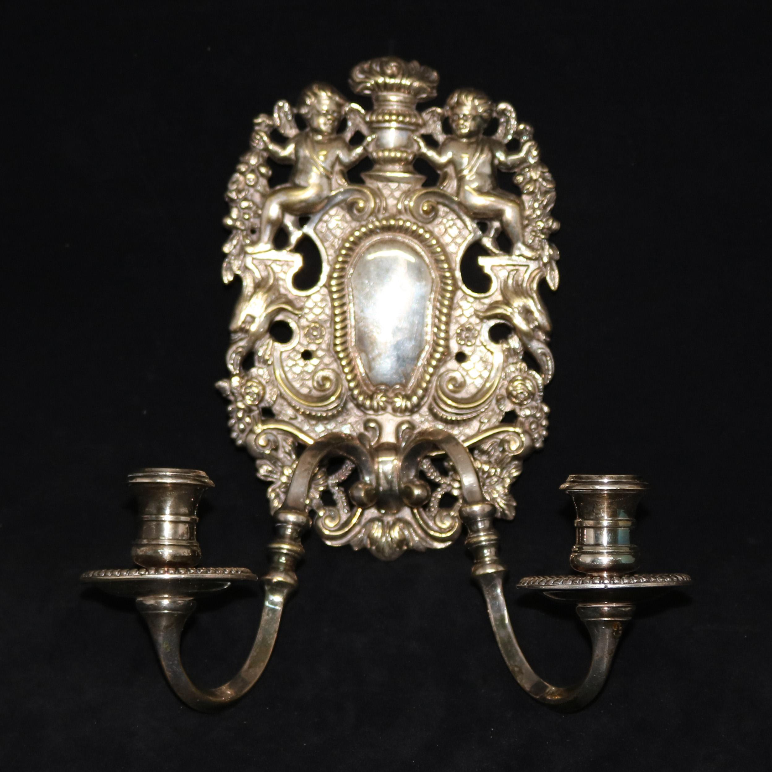 Cast Pair of French Neoclassical Figural Cherub Gilt Metal Candle Wall Sconces